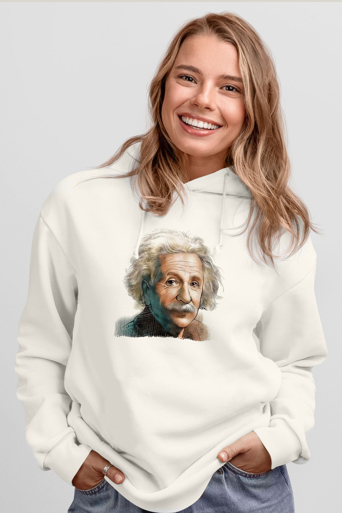Einstein Beyaz Unisex Kapüşonlu Sweatshirt