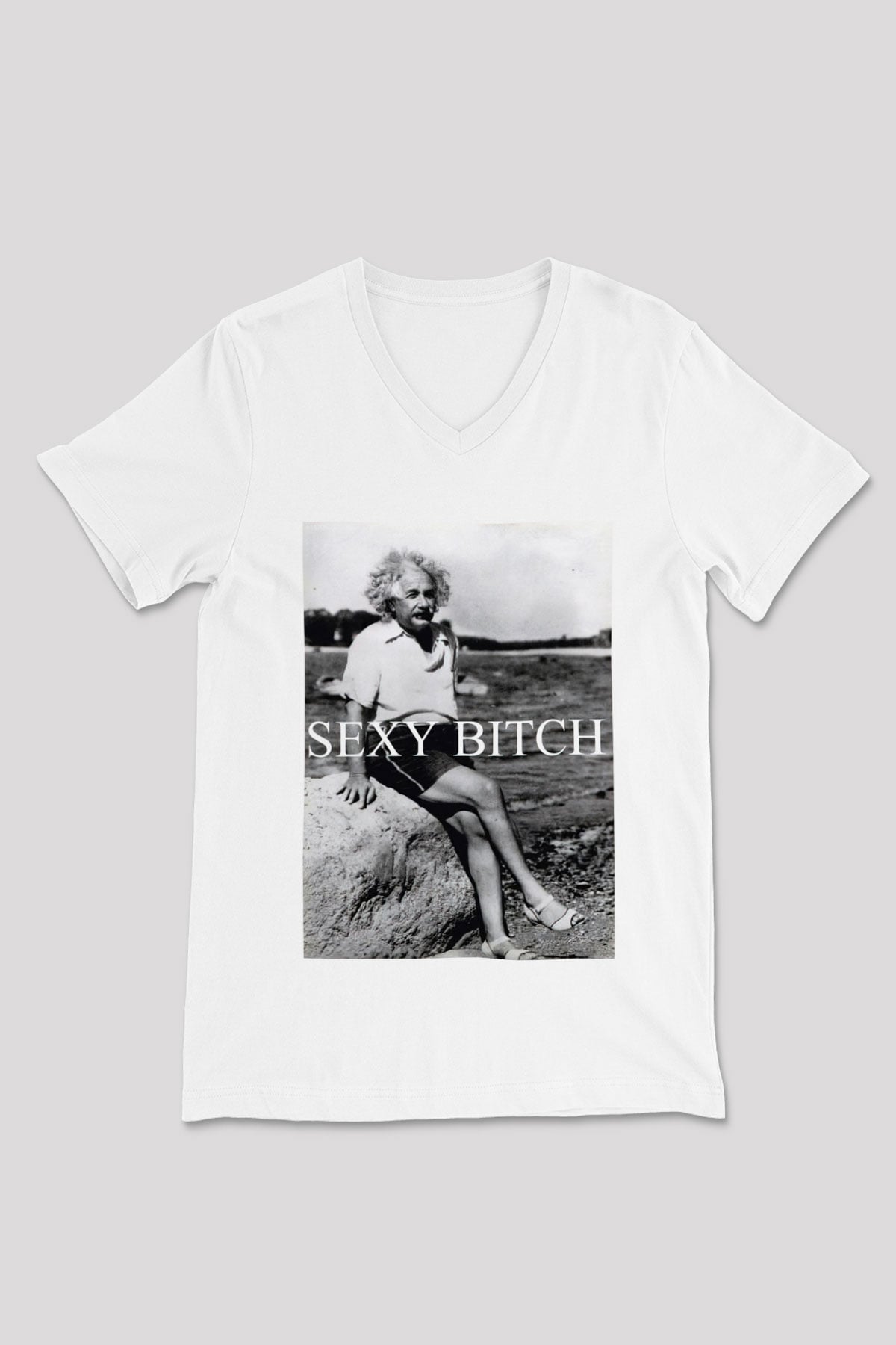 Einstein Beyaz Unisex V Yaka Tişört T-Shirt
