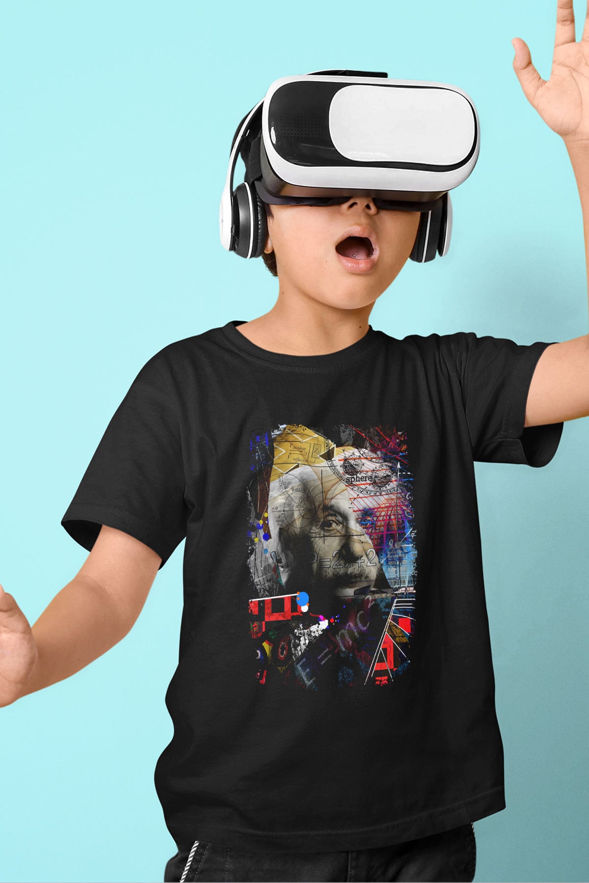 Einstein Pop Art Baskılı Unisex Siyah Çocuk Tişörtü - Tshirt