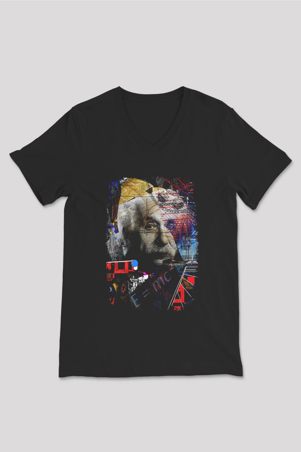 Einstein Pop Art Baskılı Unisex V Yaka Siyah Tİşört - Tshirt