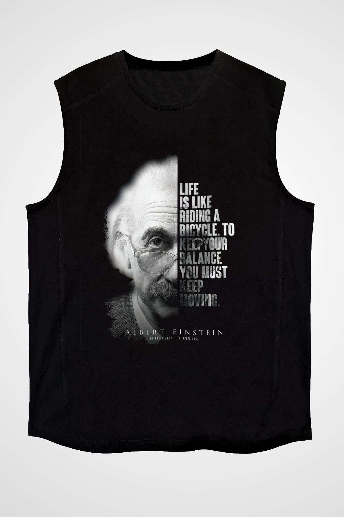 Einstein Portre Lıntı Baskılı Unisex Kolsuz Siyah Tişört - Tshirt