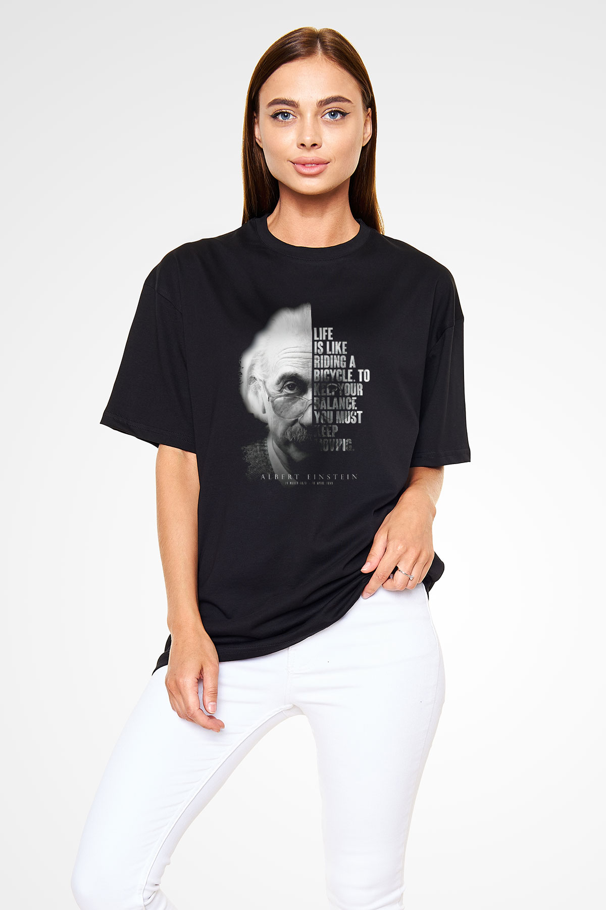 Einstein Portre Lıntı Baskılı Unisex Oversize Tişört - Tshirt