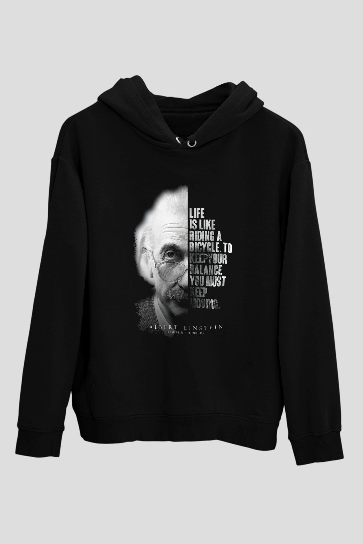 Einstein Portre Lıntı Baskılı Unisex Siyah Hoodie