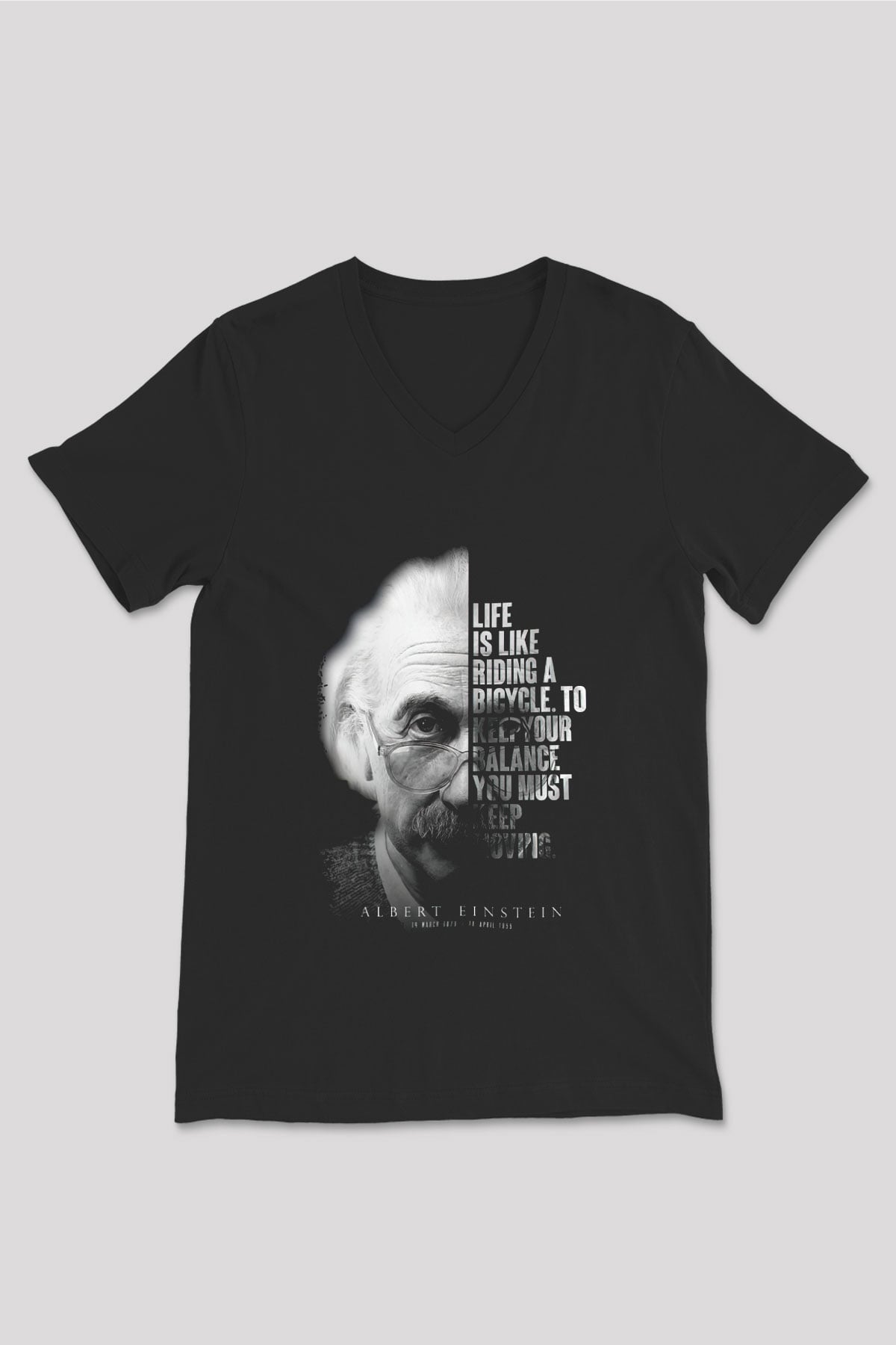 Einstein Portre Lıntı Baskılı Unisex V Yaka Siyah Tİşört - Tshirt