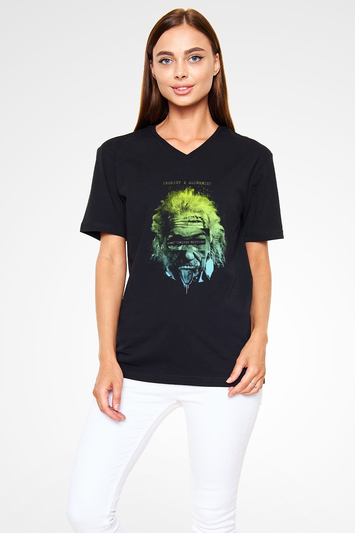 Einstein Siyah Unisex V Yaka Tişört T-Shirt