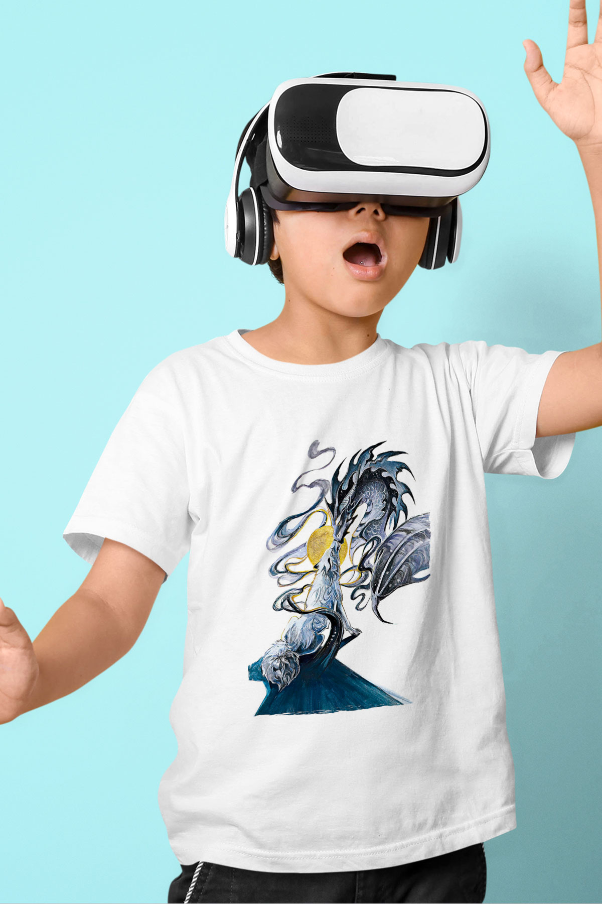 Ejderha Baskılı Beyaz Unisex Beyaz Çocuk Tişört - Tshirt