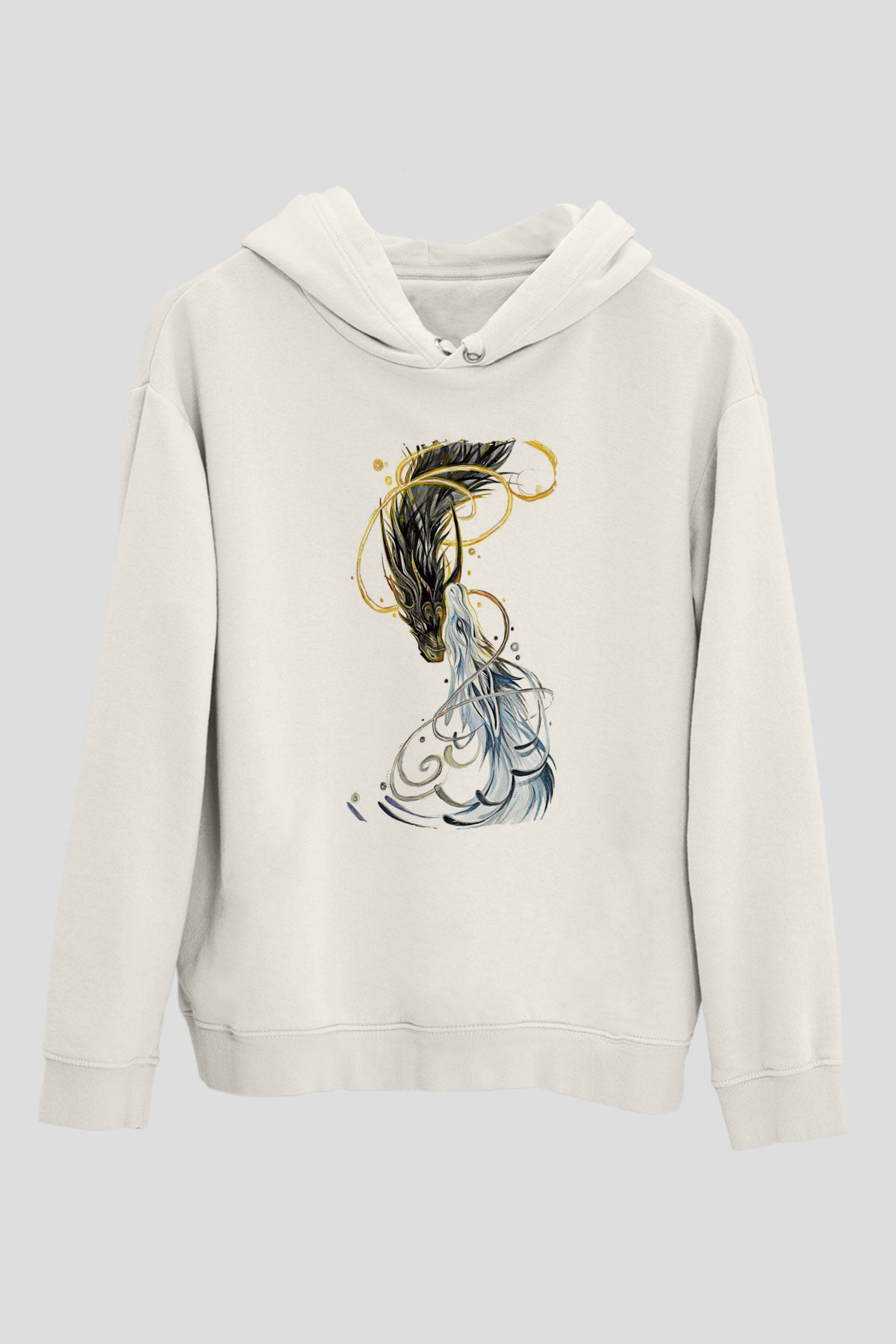 Ejderha Baskılı Beyaz Unisex Hoodie