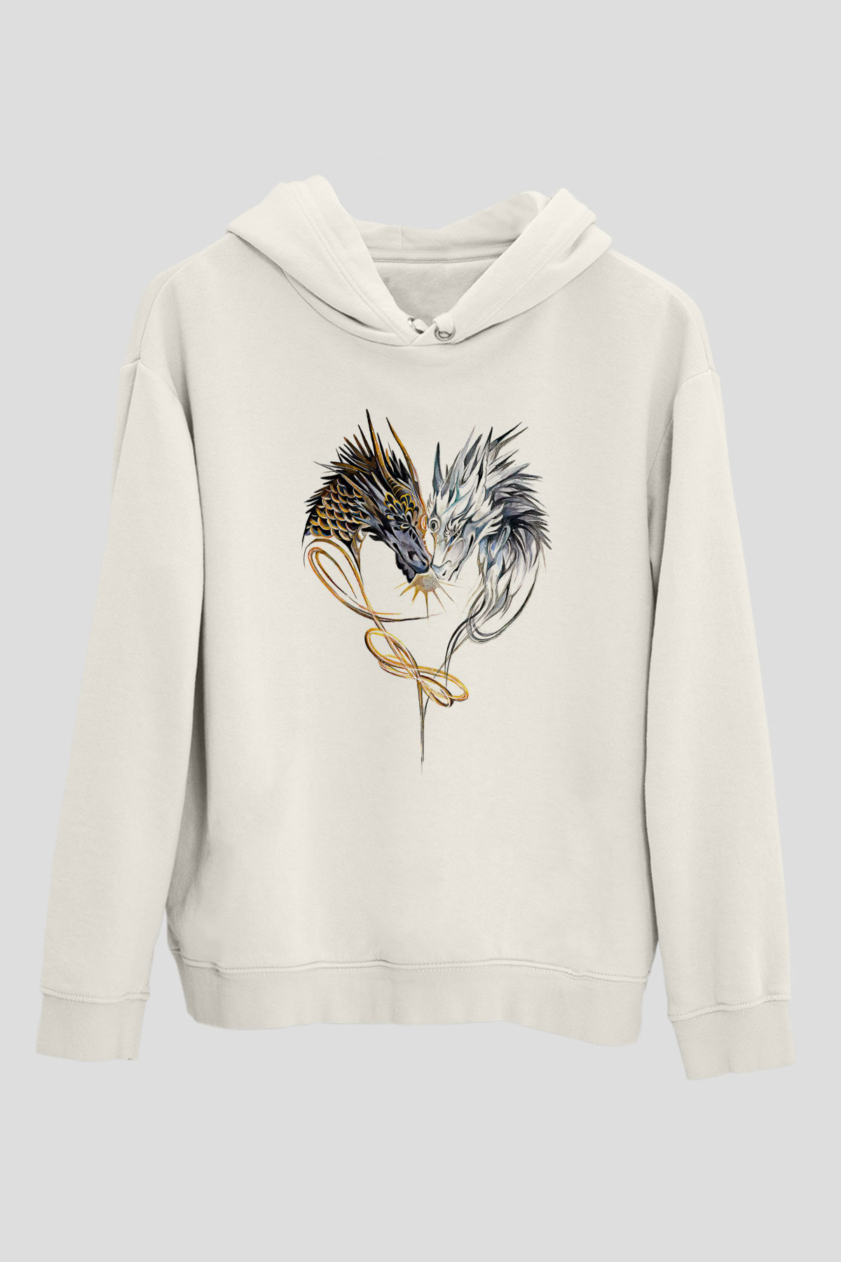 Ejderha Baskılı Beyaz Unisex Hoodie