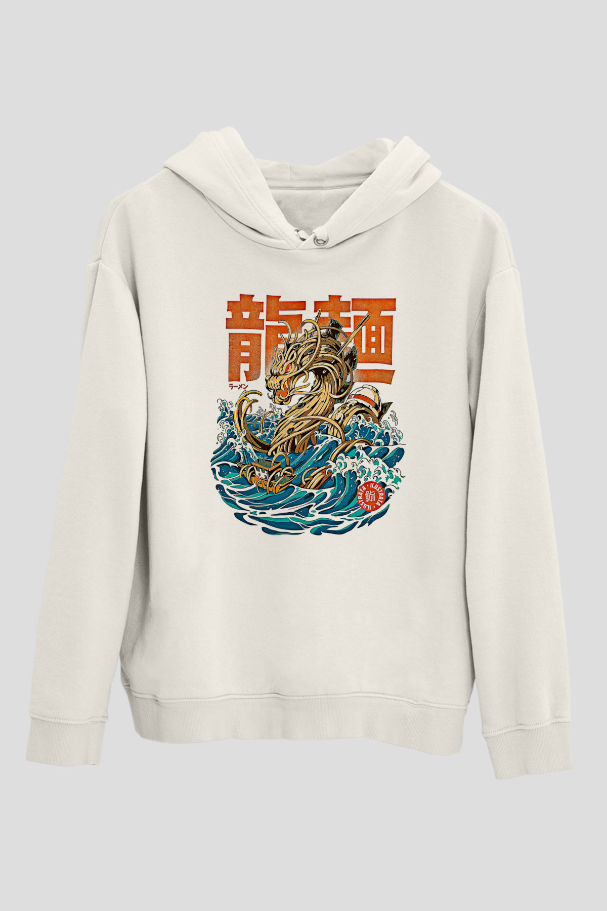 Ejderha Baskılı Beyaz Unisex Hoodie