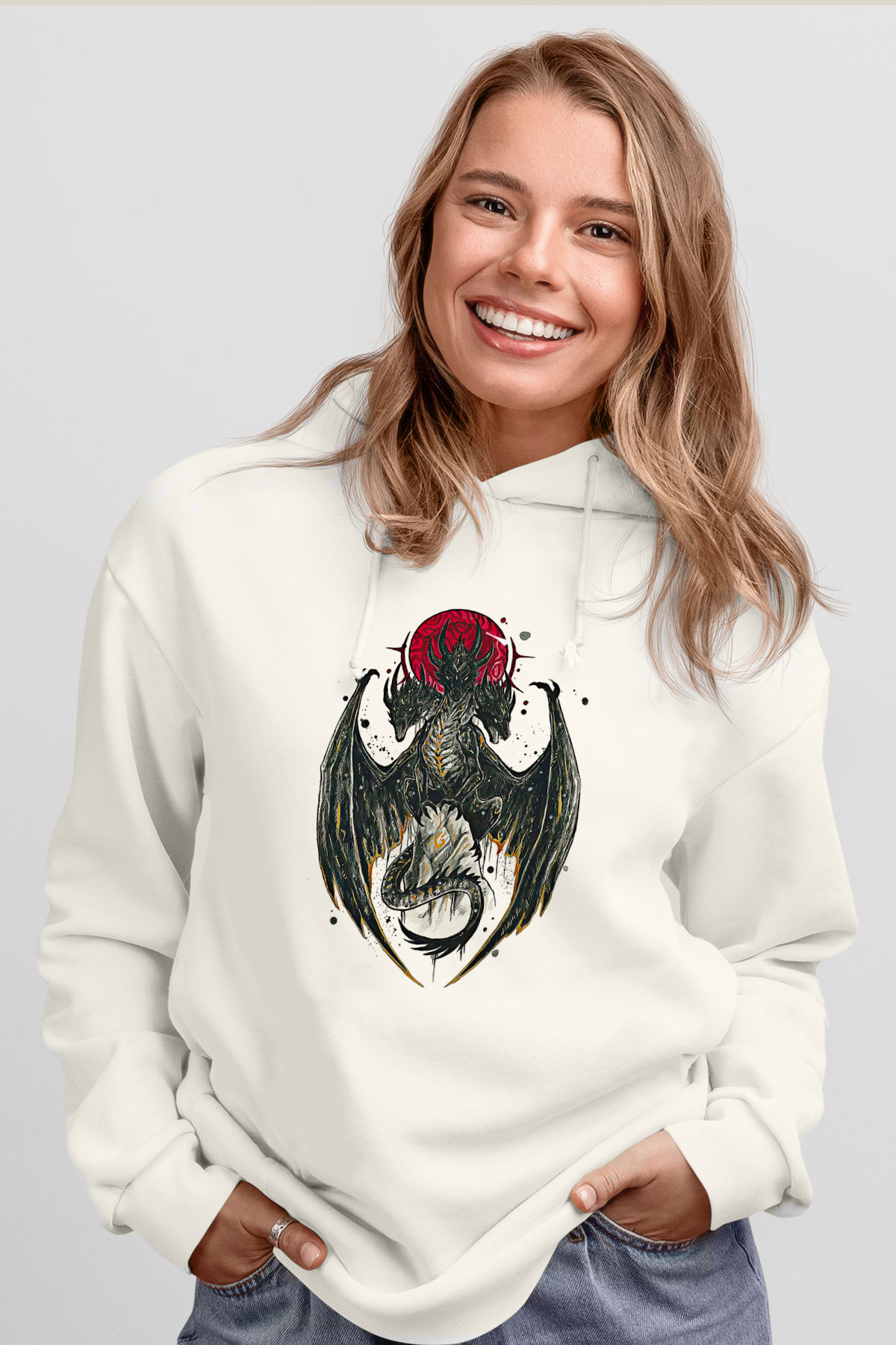 Ejderha Baskılı Beyaz Unisex Hoodie