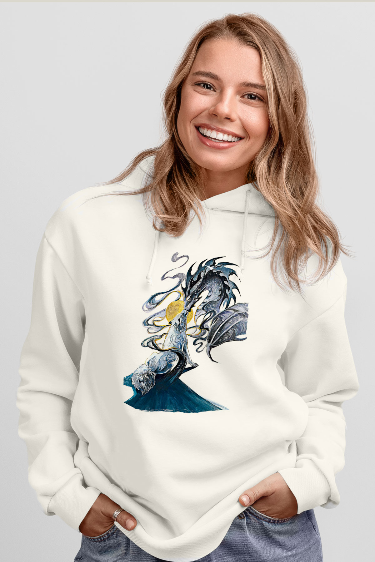 Ejderha Baskılı Beyaz Unisex Hoodie