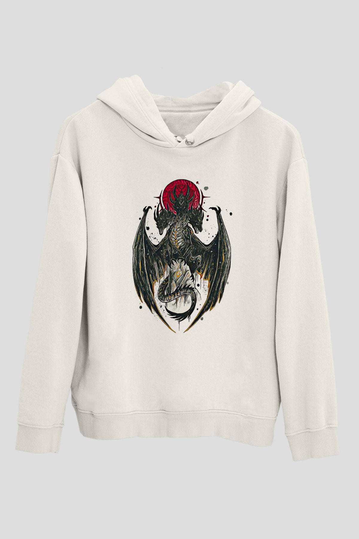 Ejderha Baskılı Beyaz Unisex Hoodie
