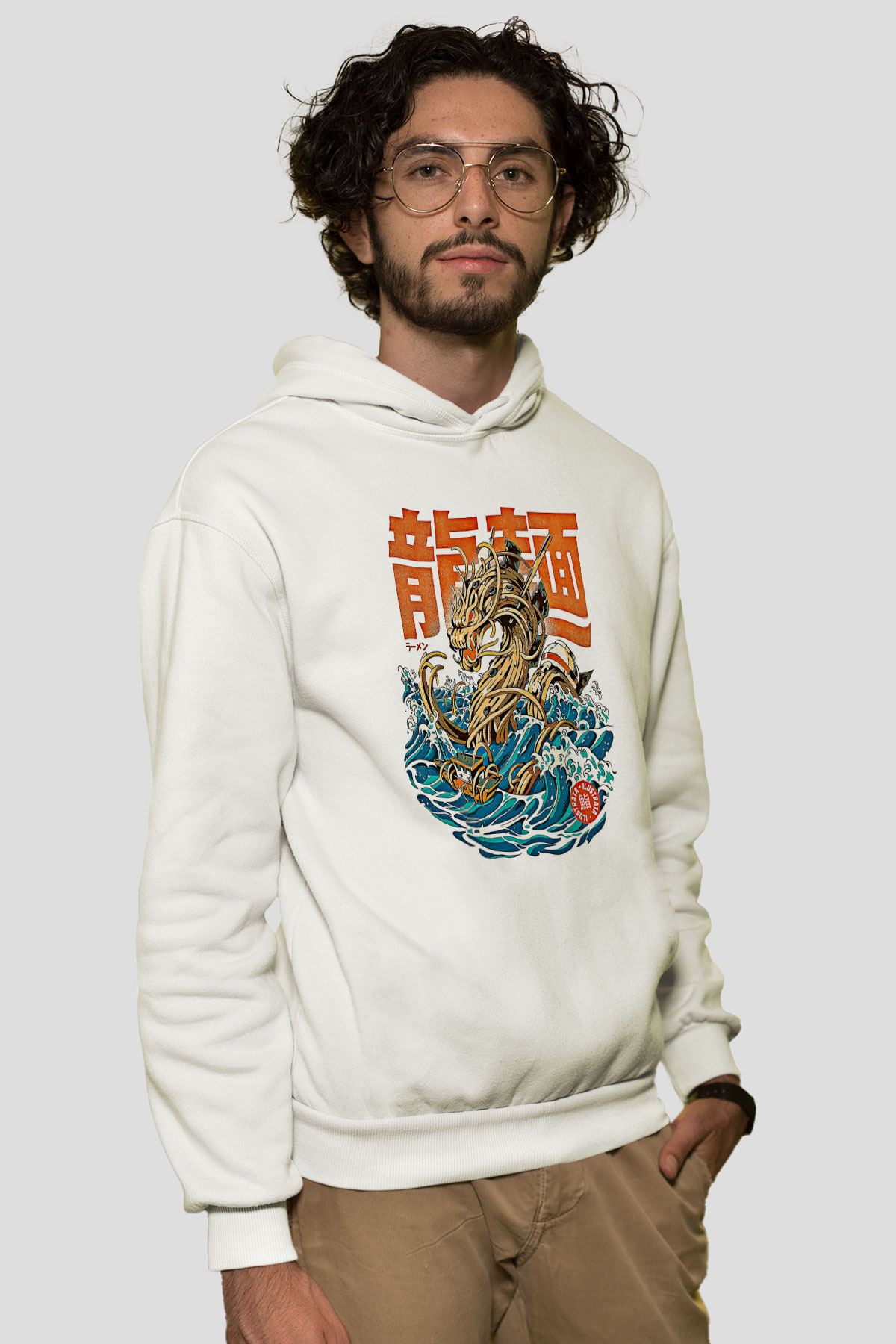Ejderha Baskılı Beyaz Unisex Hoodie