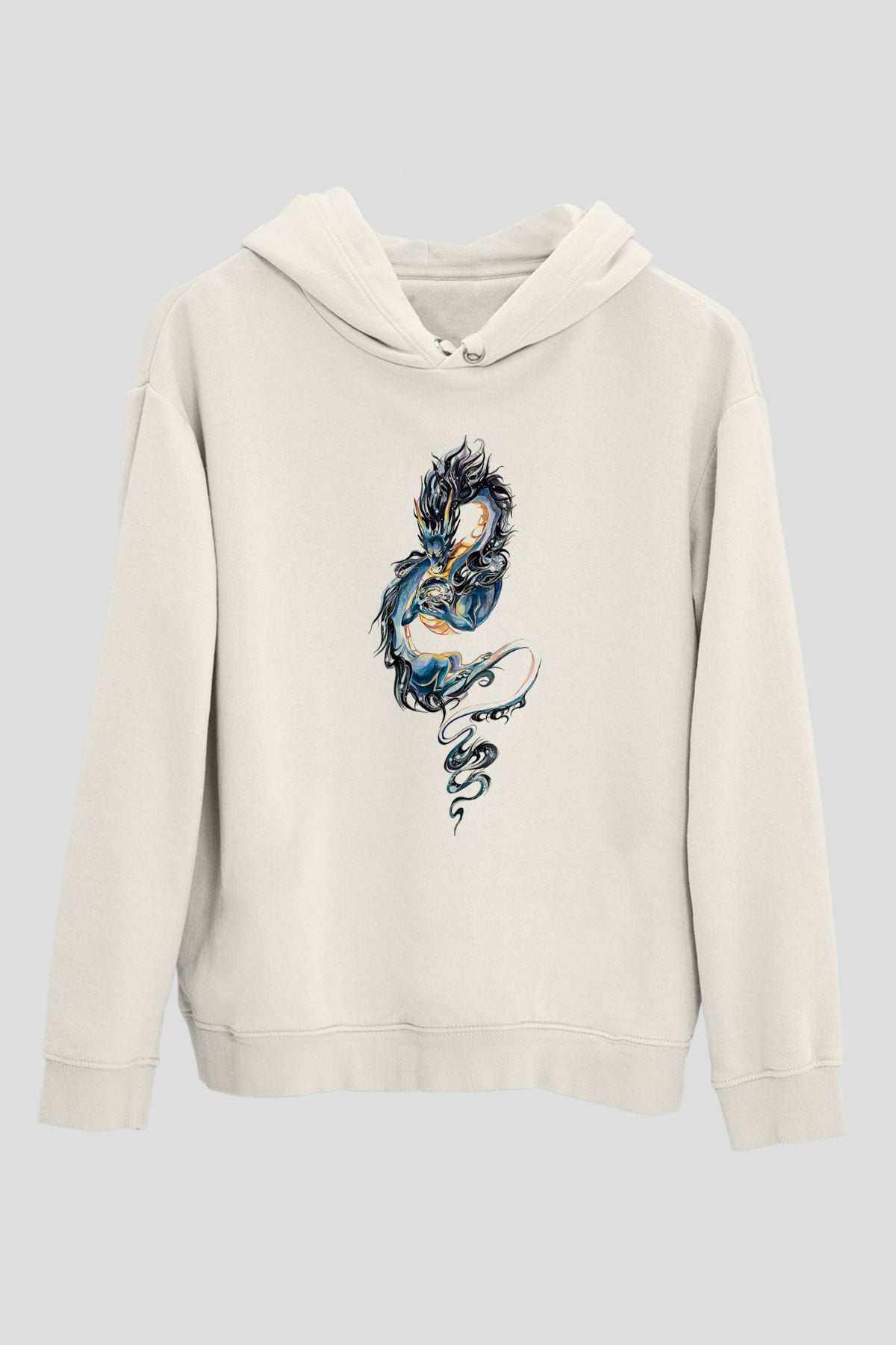 Ejderha Baskılı Beyaz Unisex Hoodie