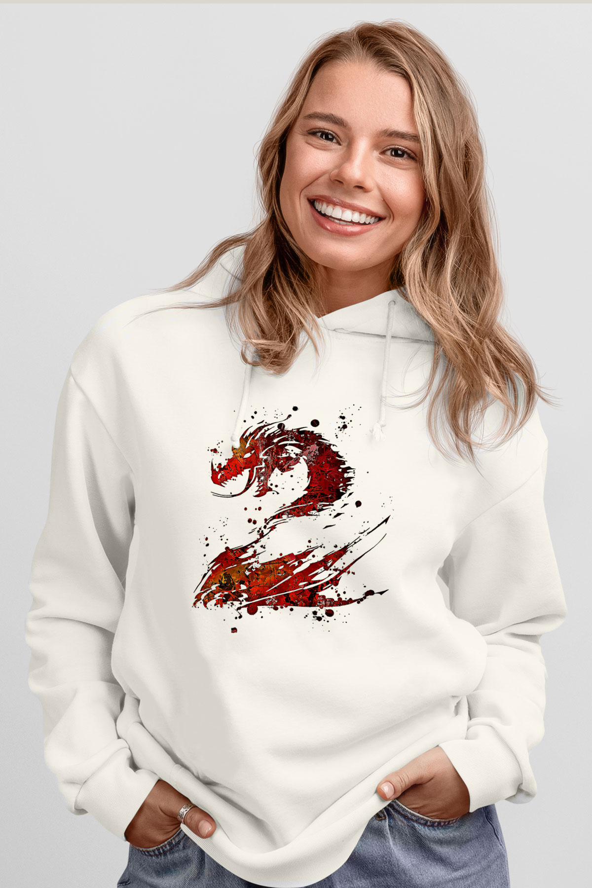Ejderha Baskılı Beyaz Unisex Hoodie