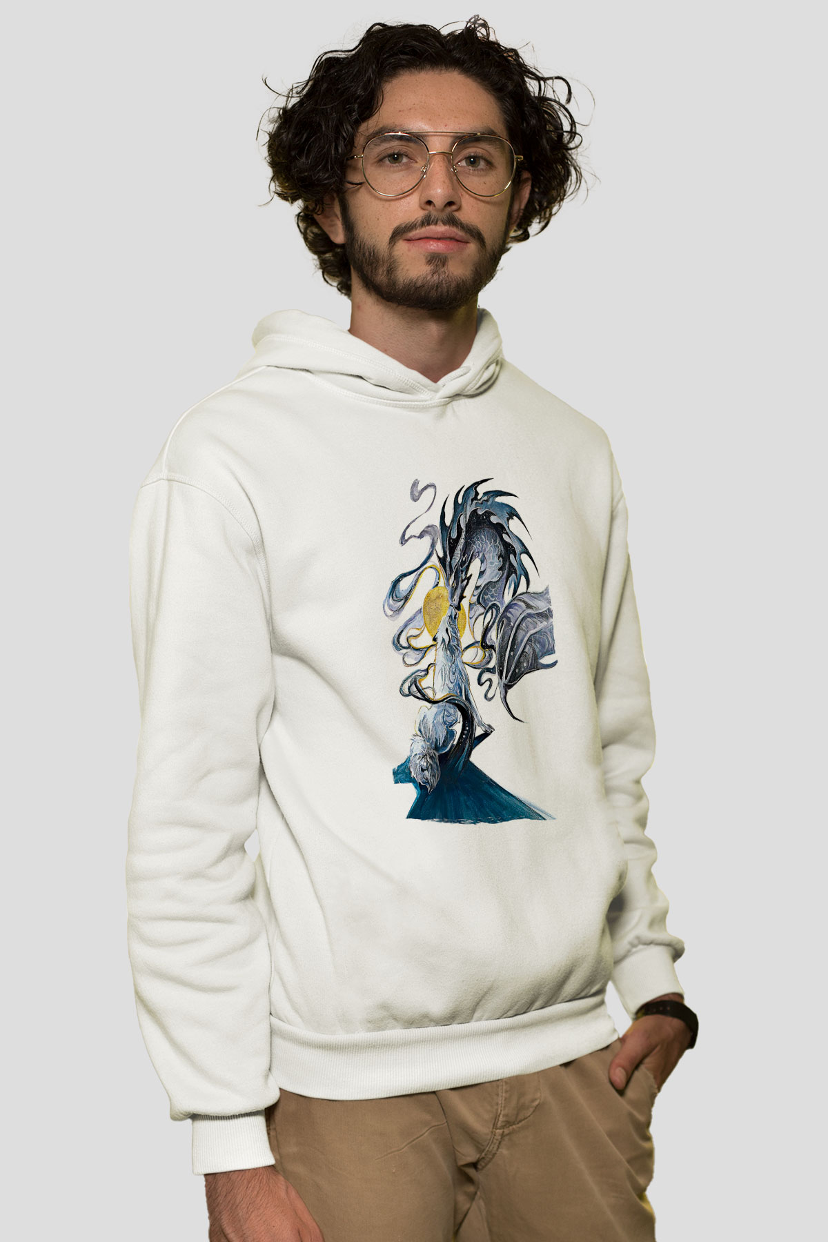 Ejderha Baskılı Beyaz Unisex Hoodie