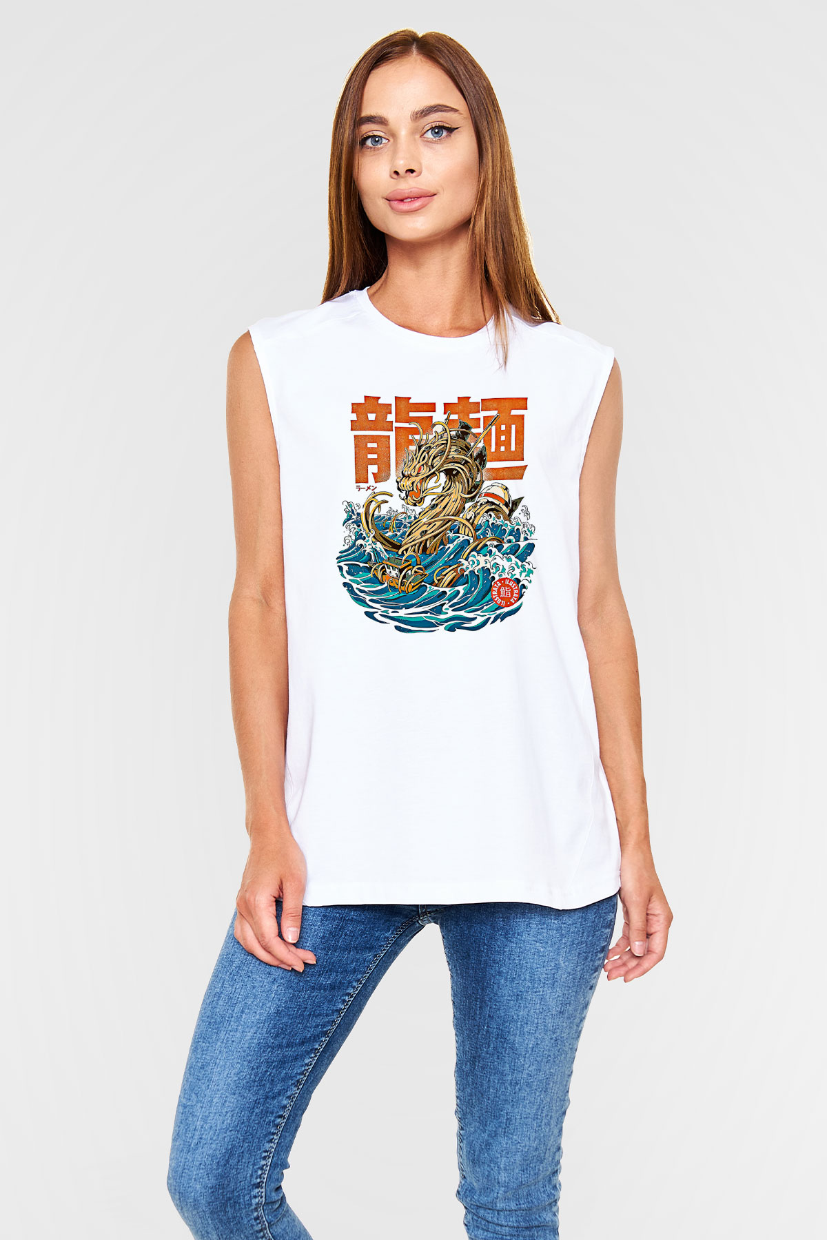 Ejderha Baskılı Beyaz Unisex Kolsuz Tişört - Tshirt