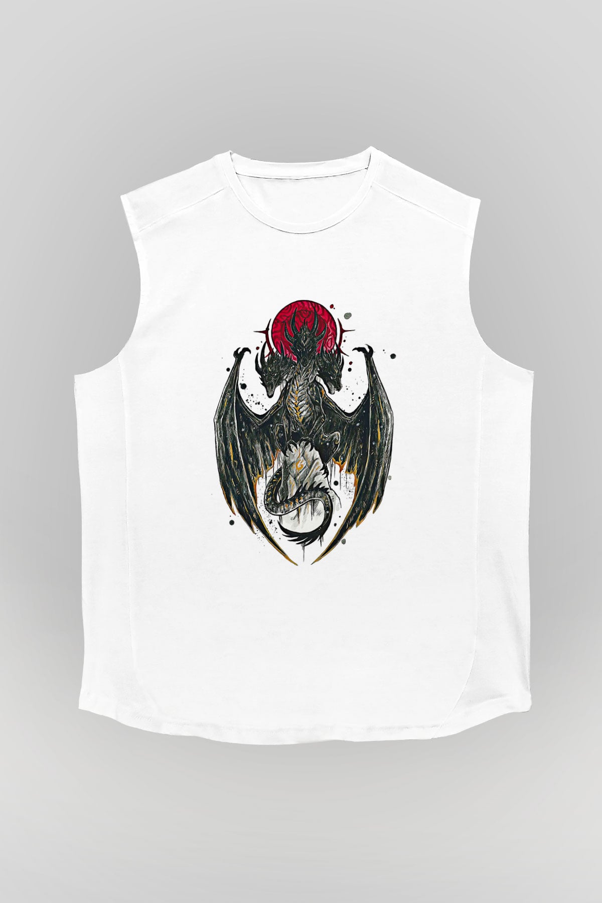 Ejderha Baskılı Beyaz Unisex Kolsuz Tişört - Tshirt