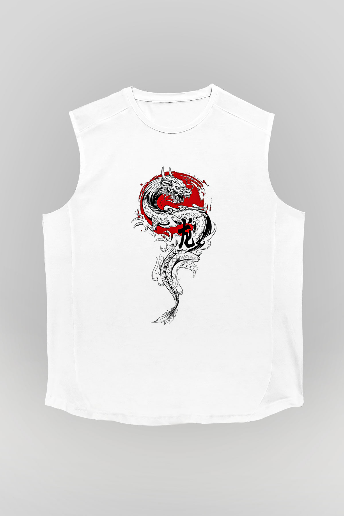 Ejderha Baskılı Beyaz Unisex Kolsuz Tişört - Tshirt