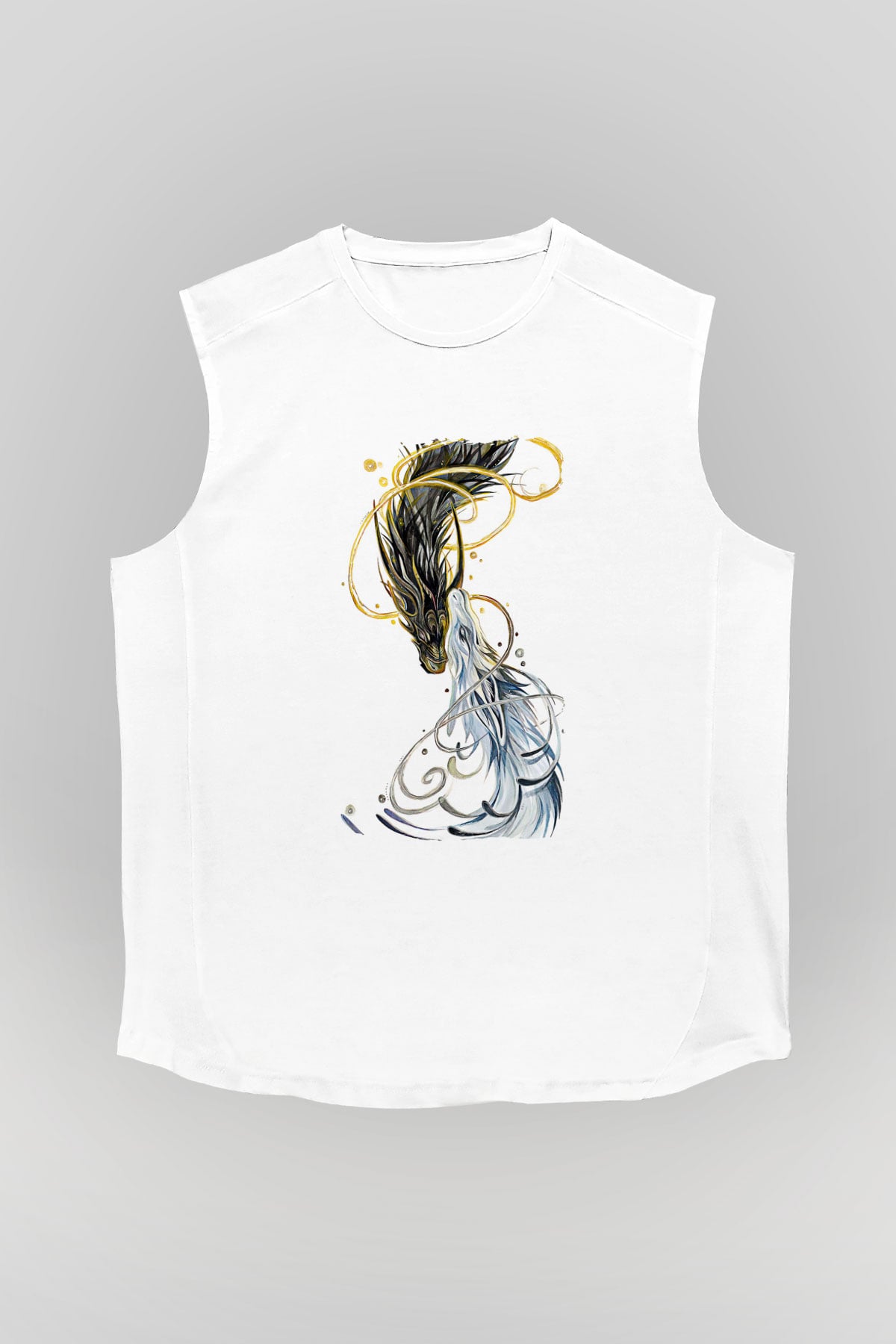 Ejderha Baskılı Beyaz Unisex Kolsuz Tişört - Tshirt