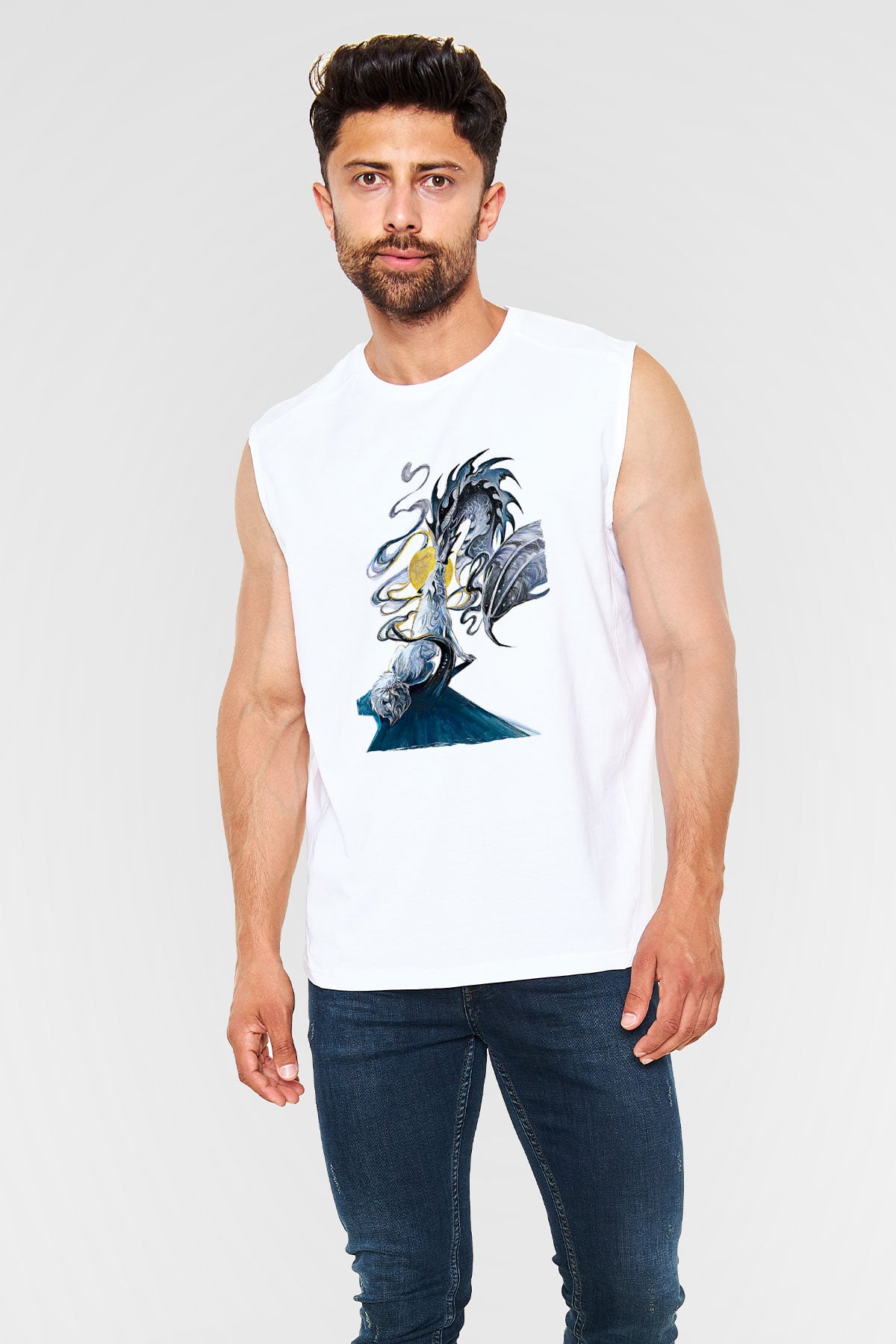 Ejderha Baskılı Beyaz Unisex Kolsuz Tişört - Tshirt