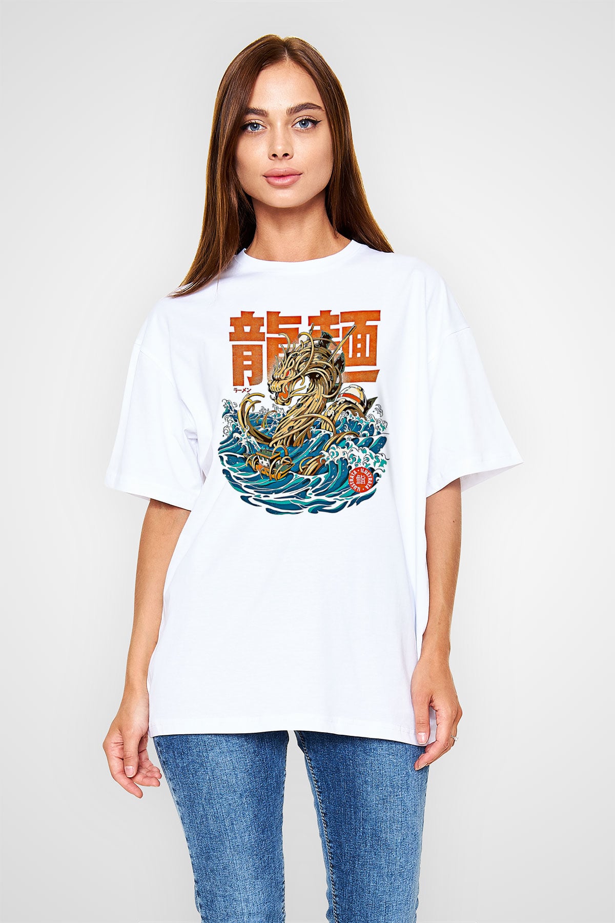 Ejderha Baskılı Beyaz Unisex Oversize Tişört - Tshirt