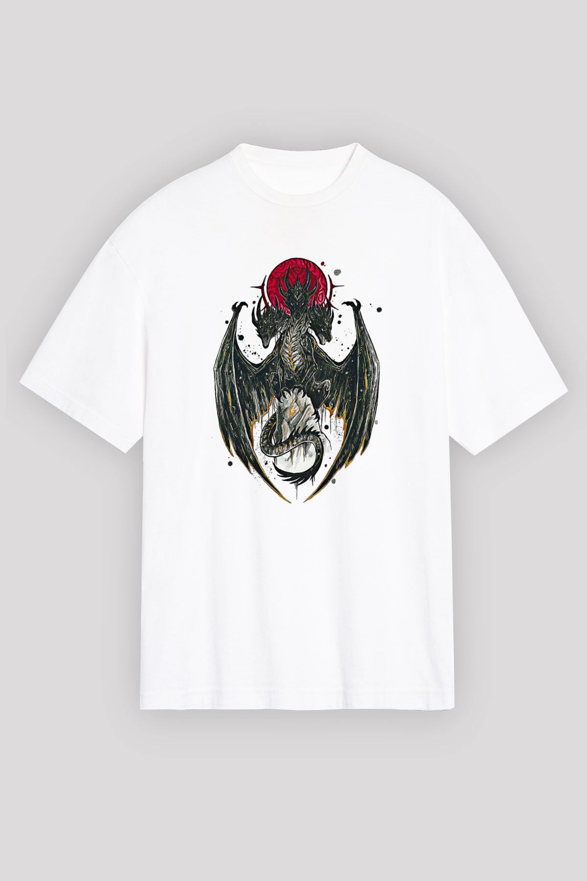 Ejderha Baskılı Beyaz Unisex Oversize Tişört - Tshirt