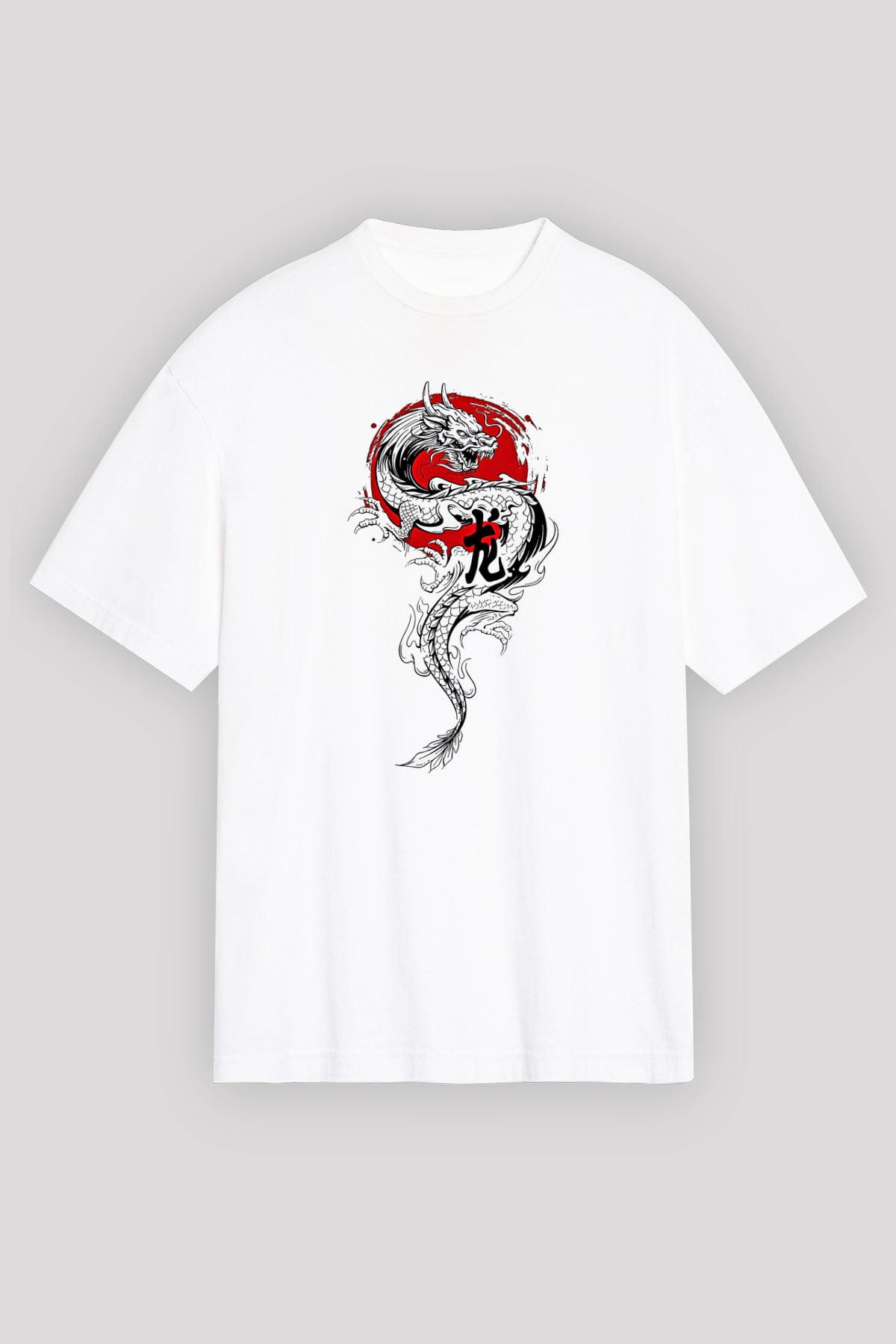 Ejderha Baskılı Beyaz Unisex Oversize Tişört - Tshirt