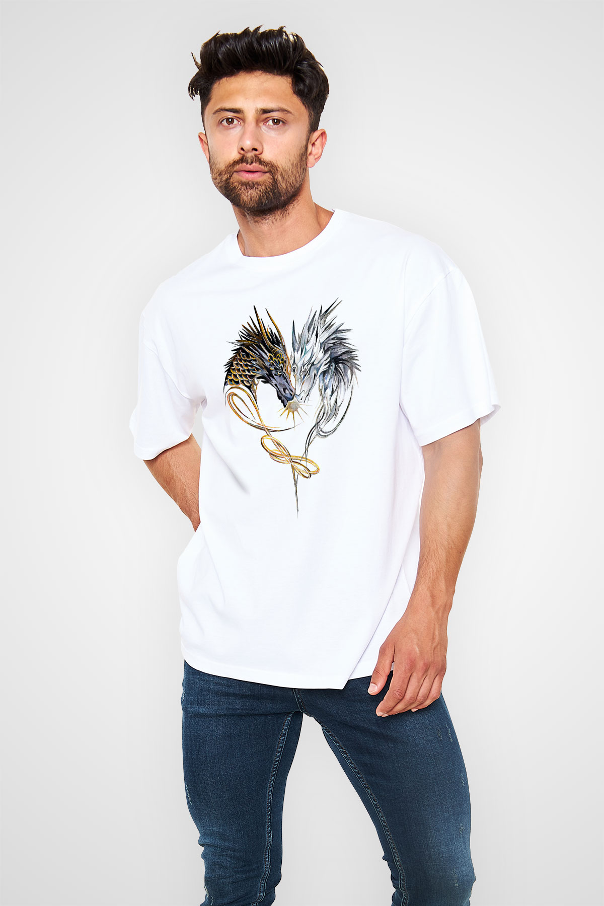 Ejderha Baskılı Beyaz Unisex Oversize Tişört - Tshirt