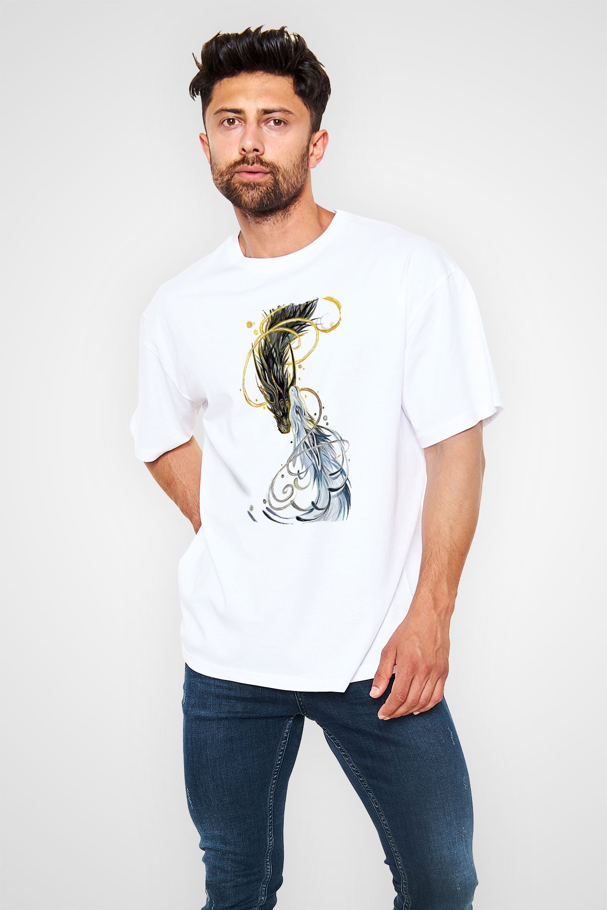 Ejderha Baskılı Beyaz Unisex Oversize Tişört - Tshirt