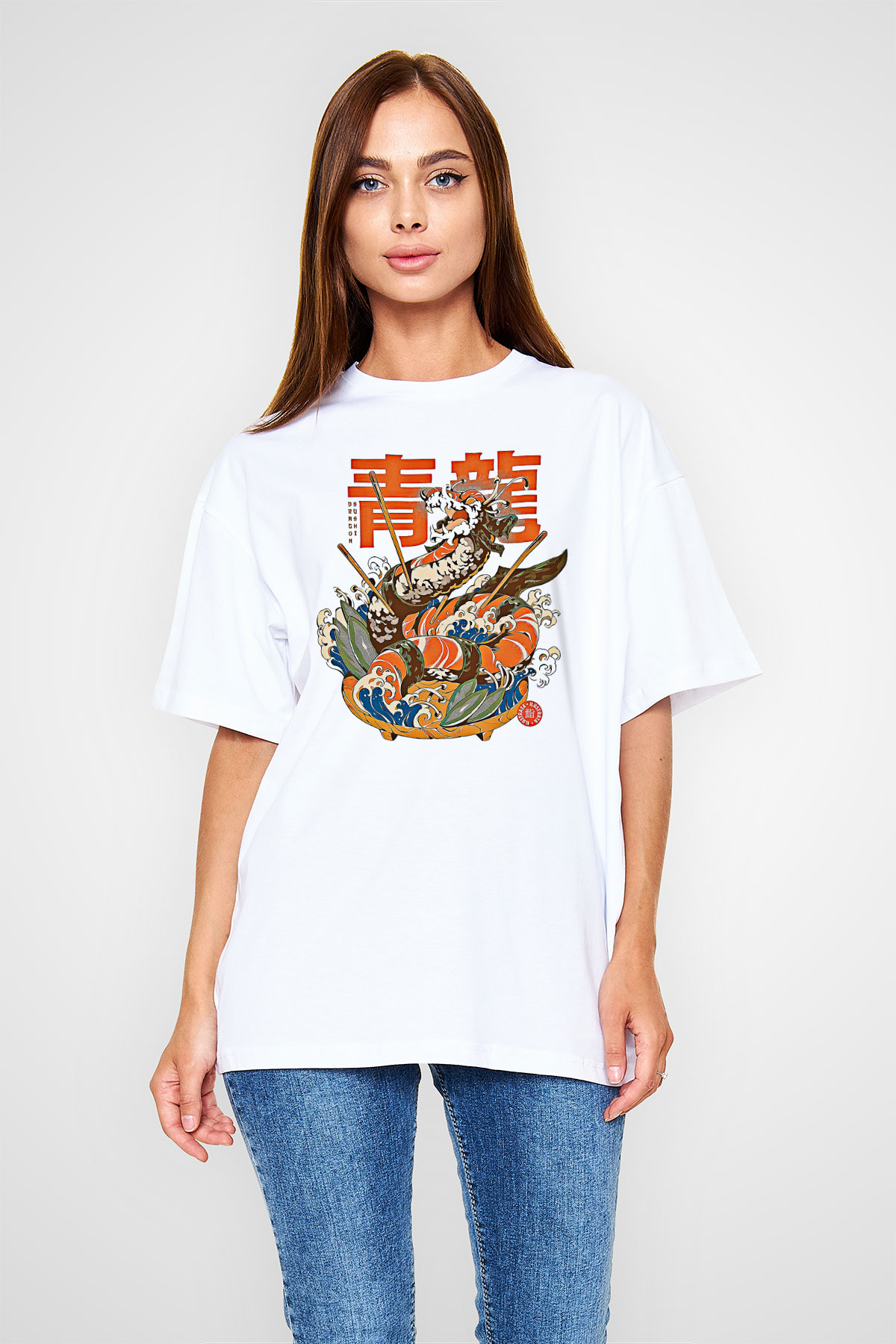 Ejderha Baskılı Beyaz Unisex Oversize Tişört - Tshirt