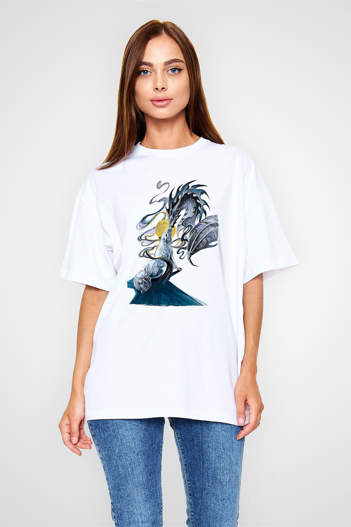 Ejderha Baskılı Beyaz Unisex Oversize Tişört - Tshirt