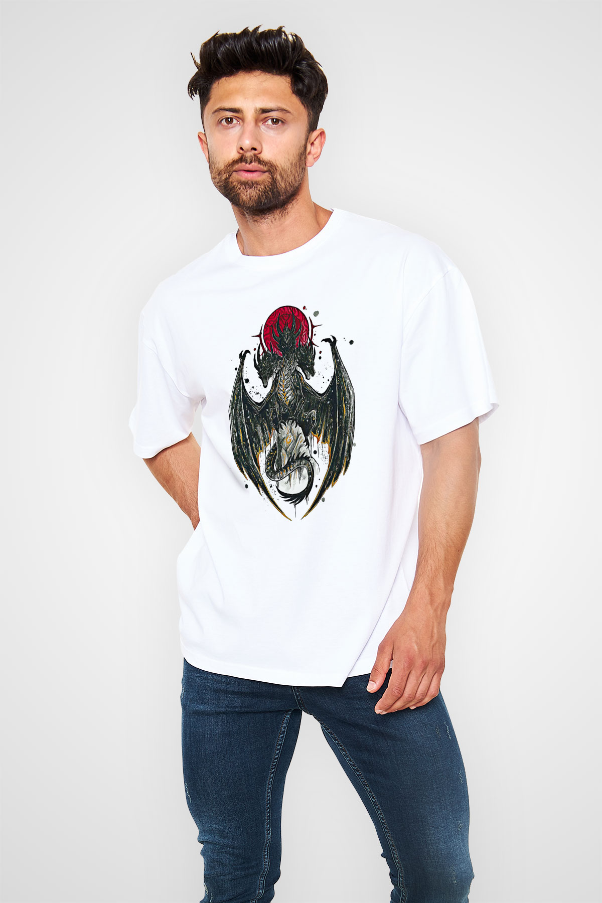 Ejderha Baskılı Beyaz Unisex Oversize Tişört - Tshirt