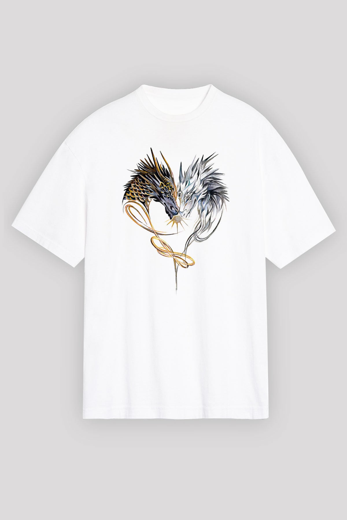 Ejderha Baskılı Beyaz Unisex Oversize Tişört - Tshirt