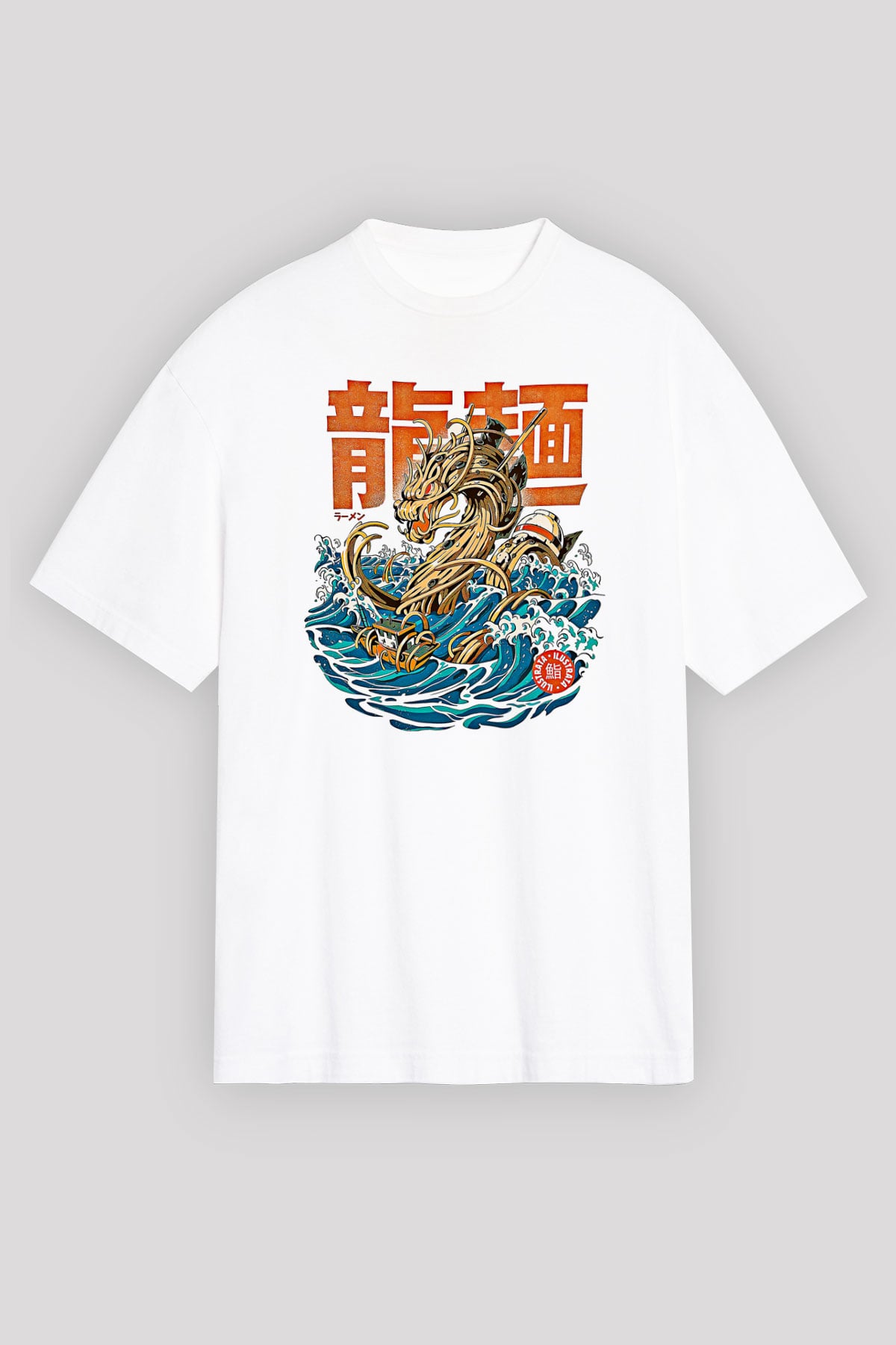 Ejderha Baskılı Beyaz Unisex Oversize Tişört - Tshirt
