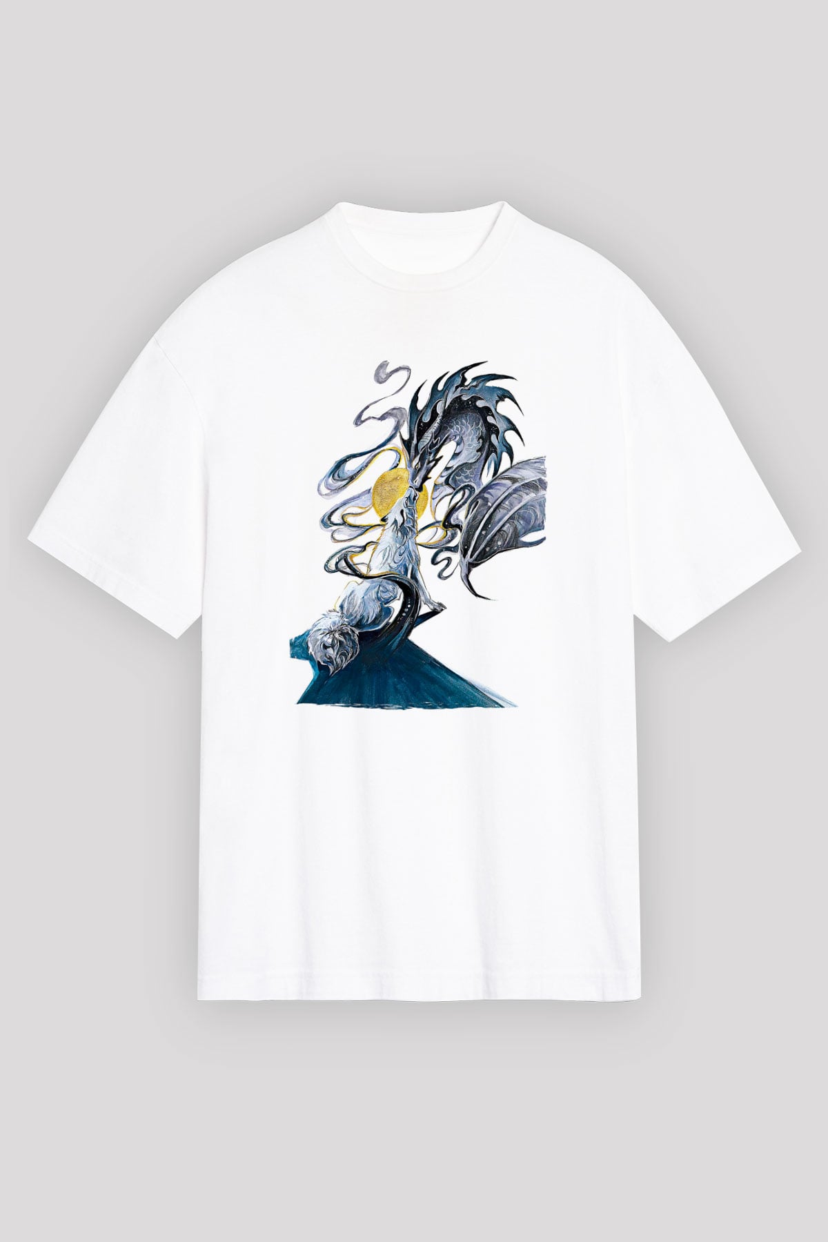 Ejderha Baskılı Beyaz Unisex Oversize Tişört - Tshirt