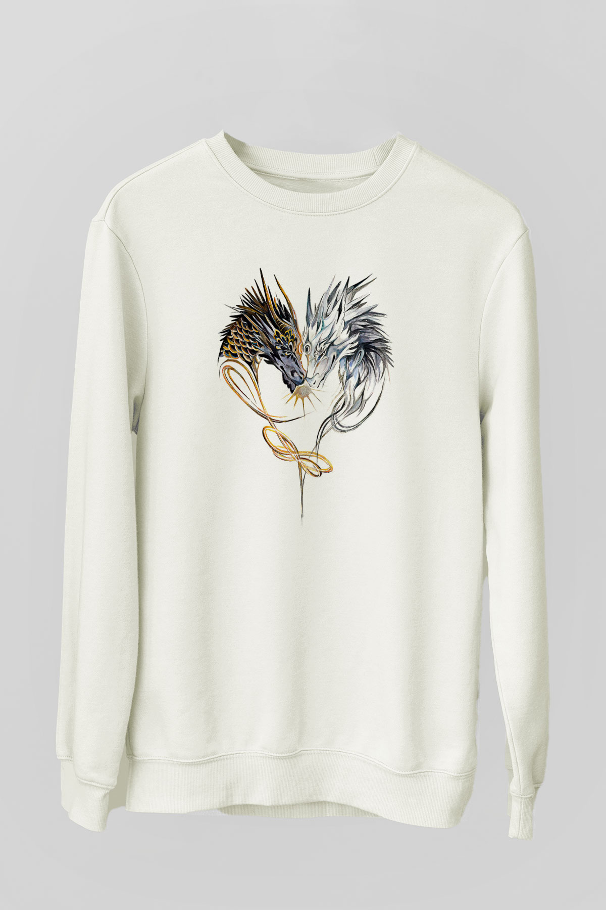 Ejderha Baskılı Beyaz Unisex Sweatshirt