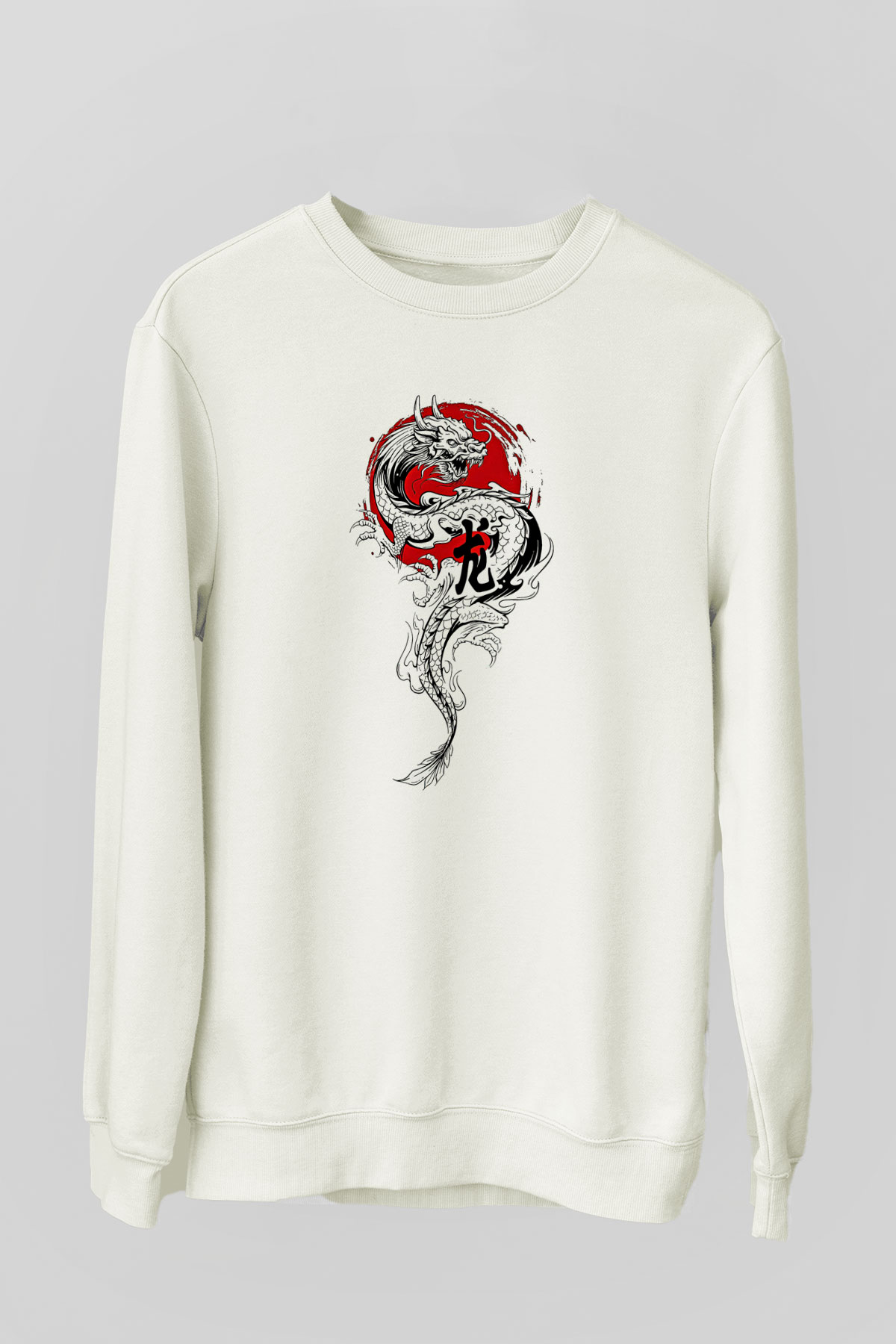 Ejderha Baskılı Beyaz Unisex Sweatshirt