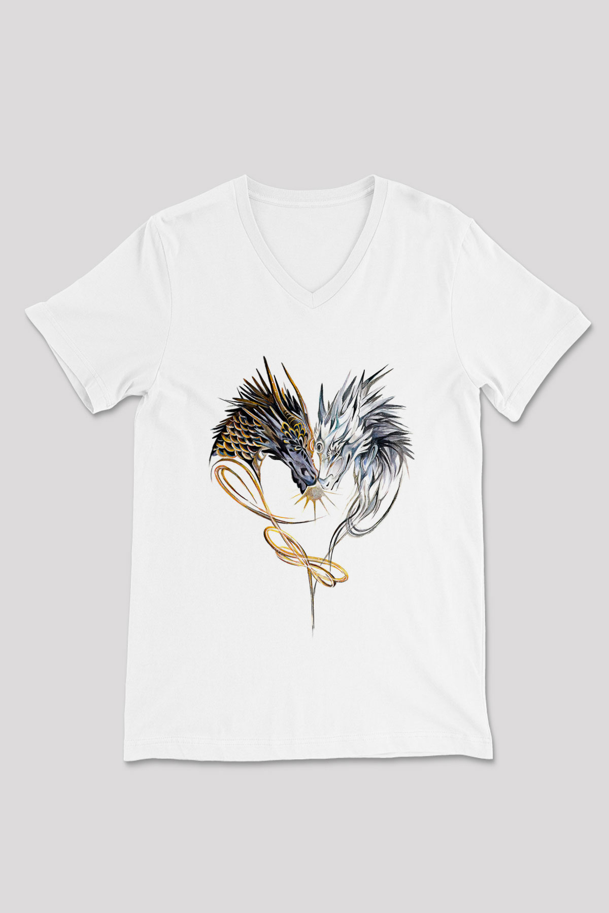 Ejderha Baskılı Beyaz Unisex V Yaka Tişört - Tshirt