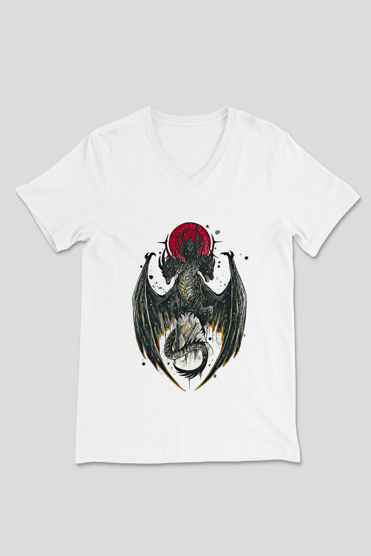 Ejderha Baskılı Beyaz Unisex V Yaka Tişört - Tshirt