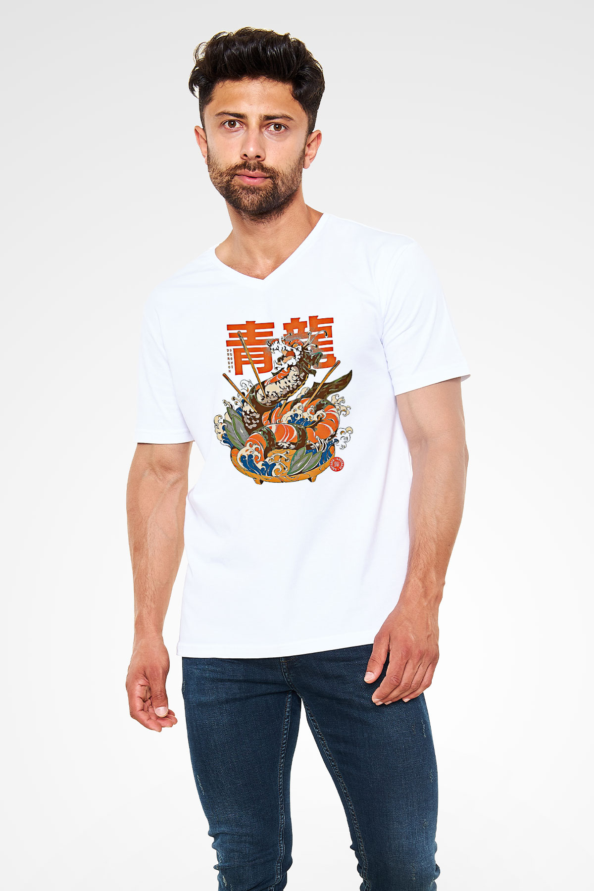 Ejderha Baskılı Beyaz Unisex V Yaka Tişört - Tshirt