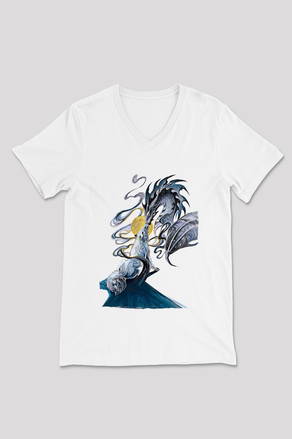 Ejderha Baskılı Beyaz Unisex V Yaka Tişört - Tshirt