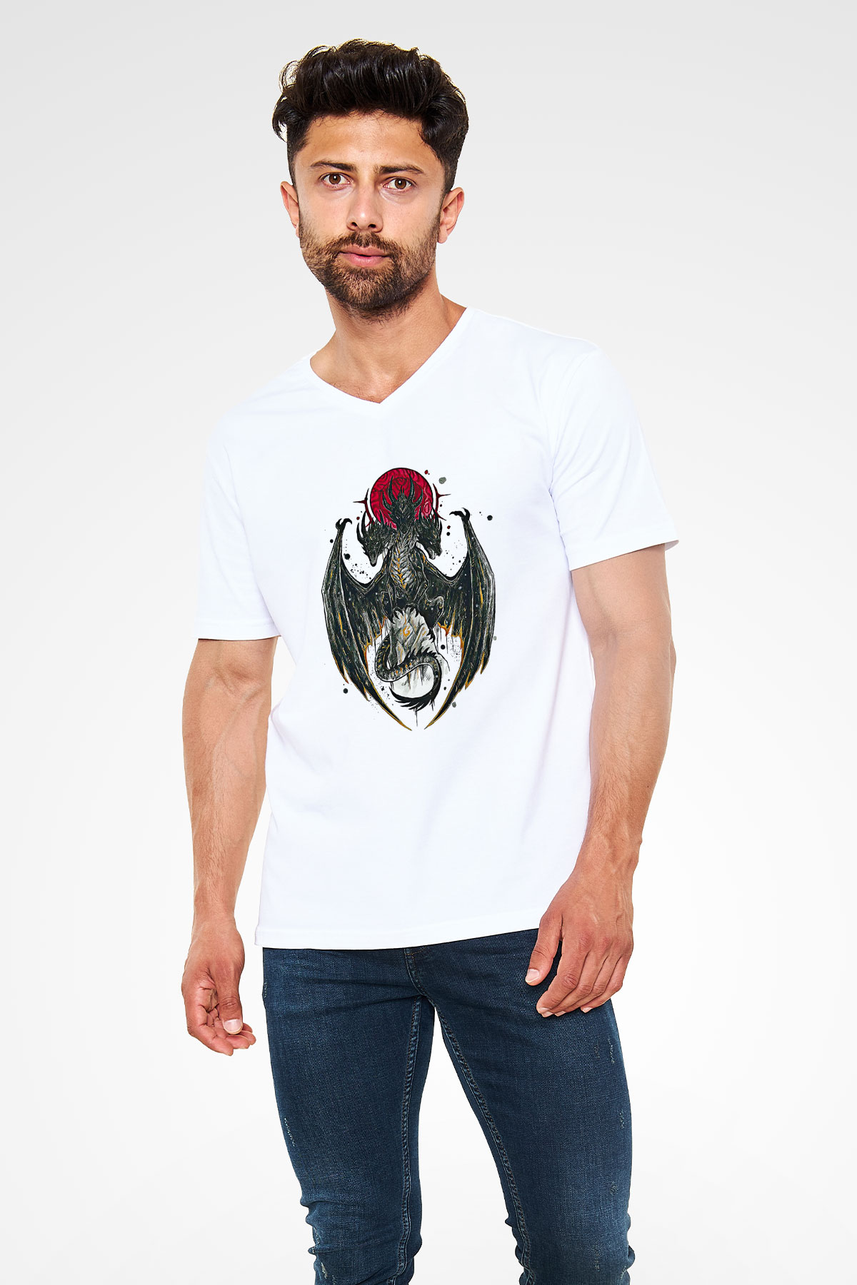 Ejderha Baskılı Beyaz Unisex V Yaka Tişört - Tshirt