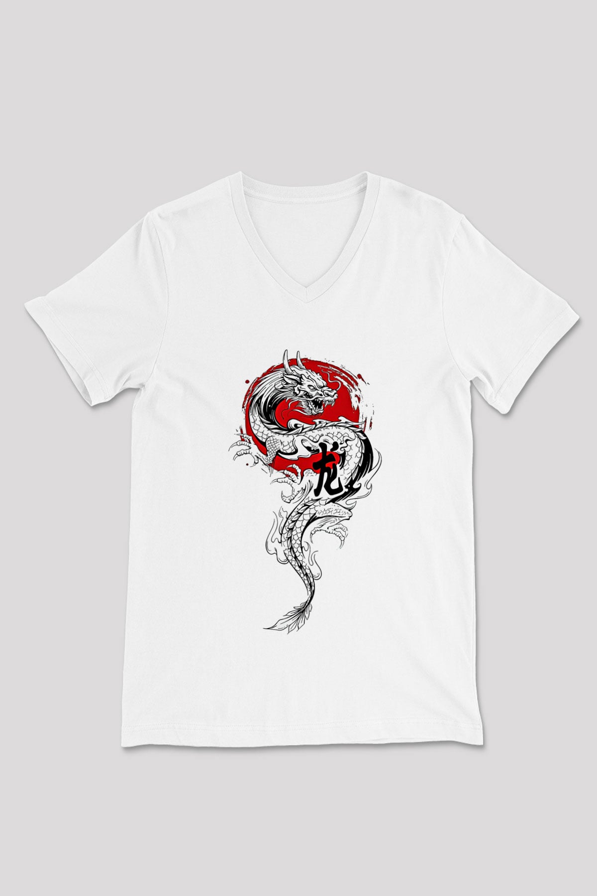 Ejderha Baskılı Beyaz Unisex V Yaka Tişört - Tshirt