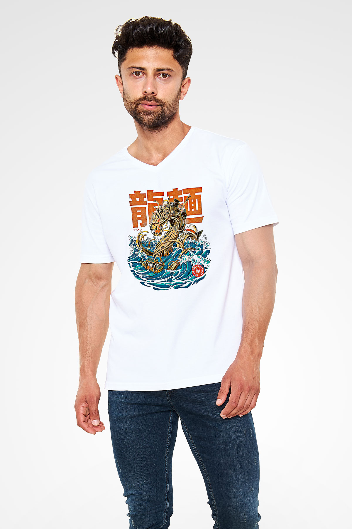 Ejderha Baskılı Beyaz Unisex V Yaka Tişört - Tshirt
