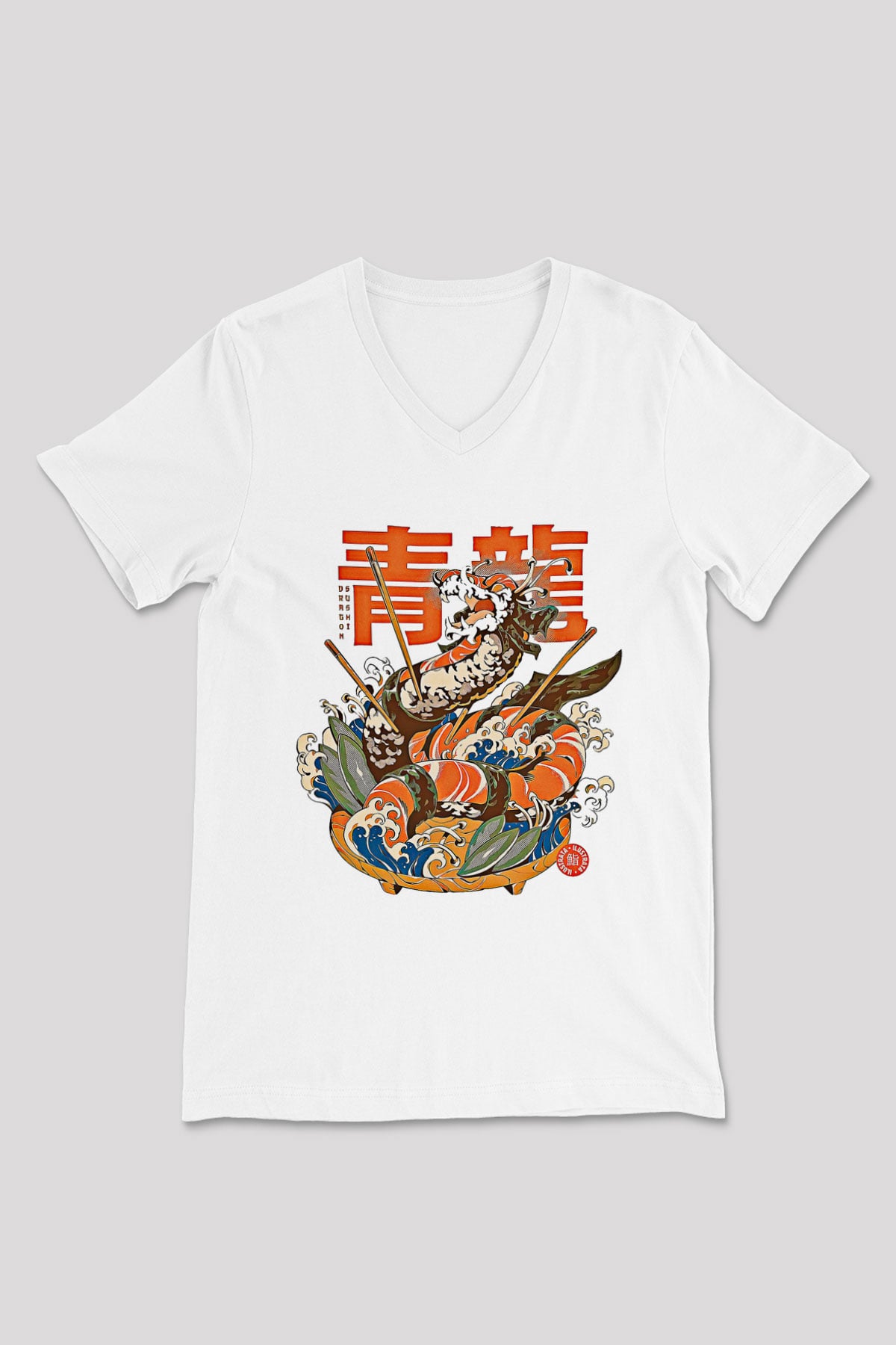 Ejderha Baskılı Beyaz Unisex V Yaka Tişört - Tshirt