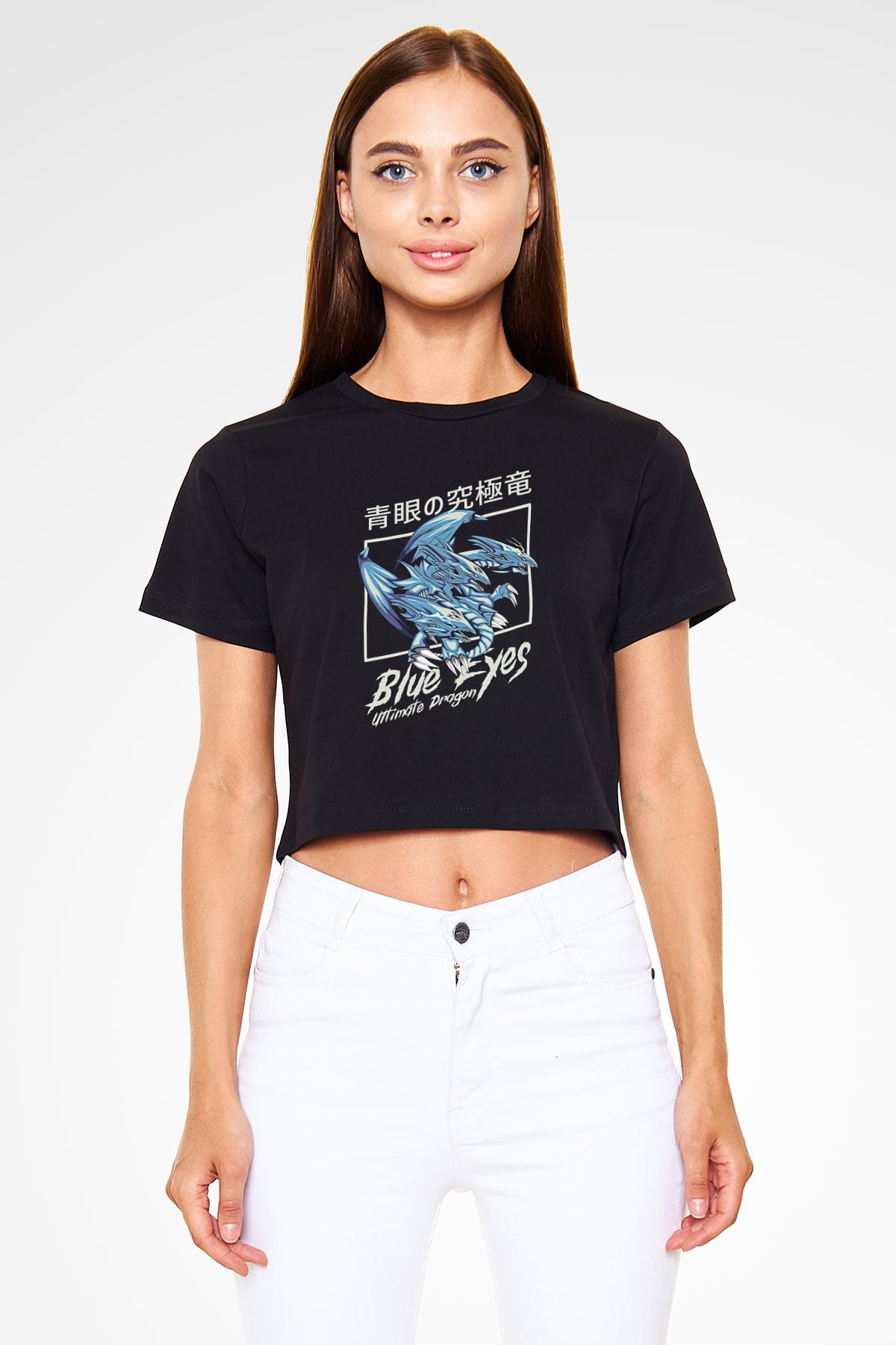Ejderha Baskılı Siyah Crop Top Kadın Tişört - Tshirt