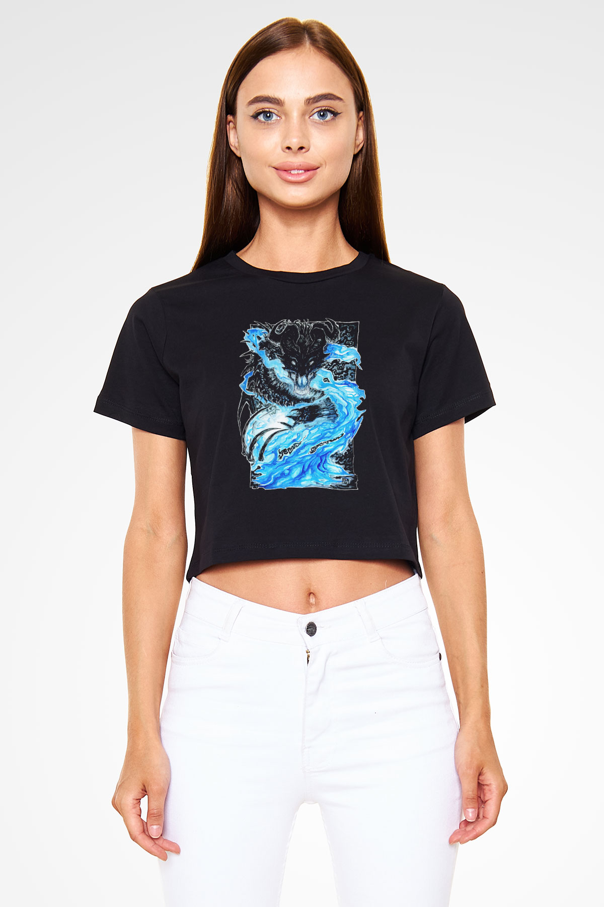 Ejderha Baskılı Siyah Crop Top Kadın Tişört - Tshirt