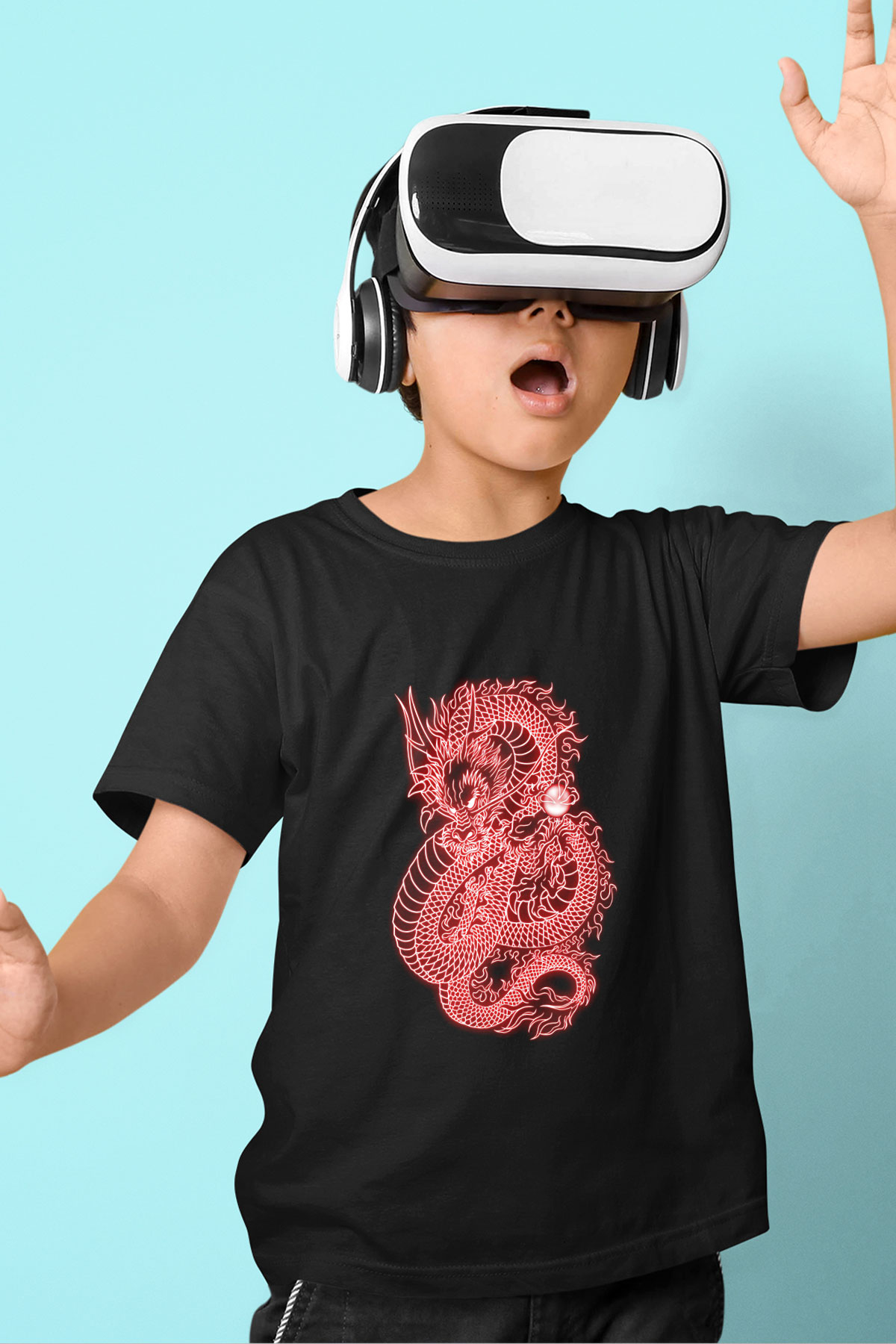 Ejderha Baskılı Unisex Siyah Çocuk Tişört - Tshirt