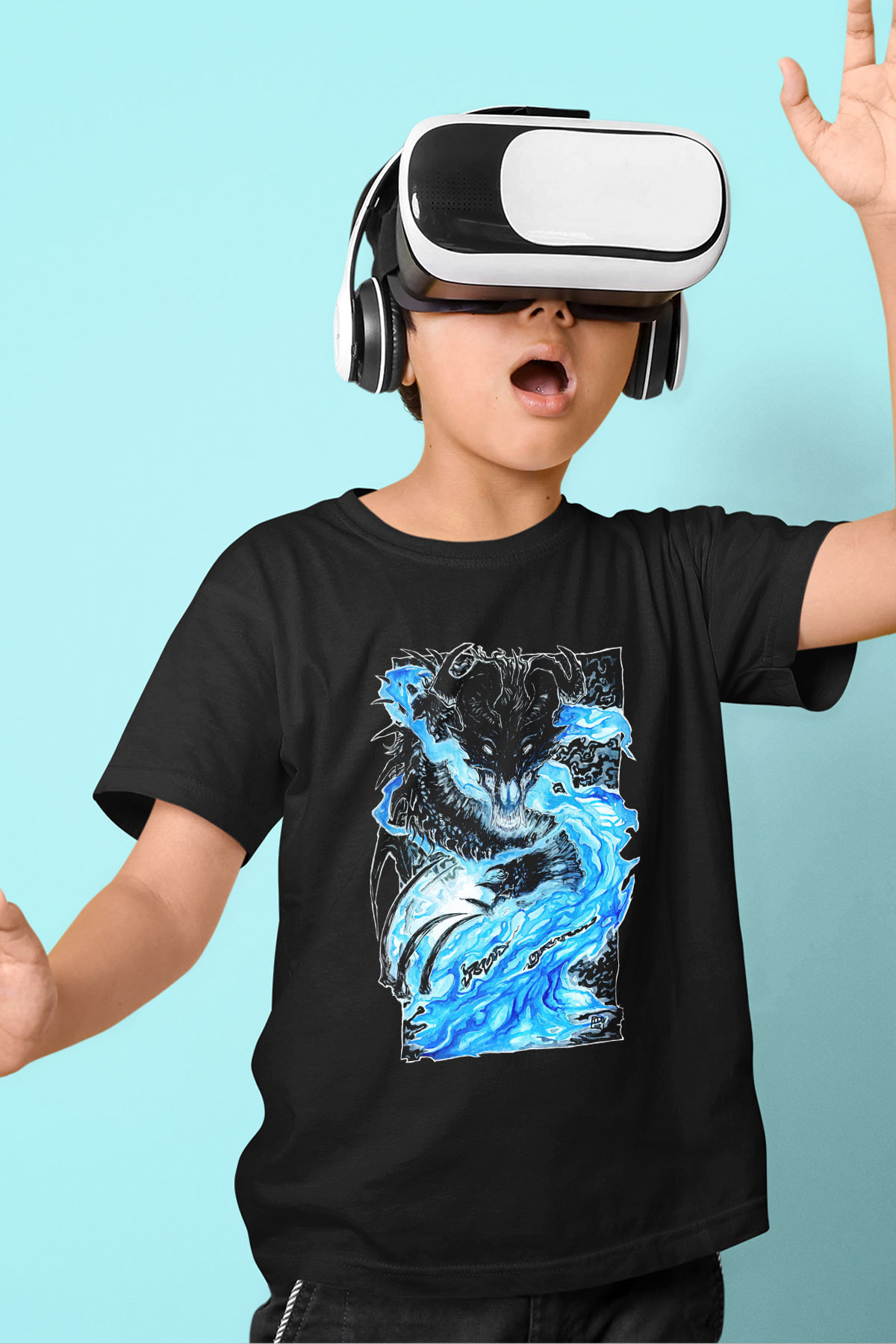 Ejderha Baskılı Unisex Siyah Çocuk Tişört - Tshirt